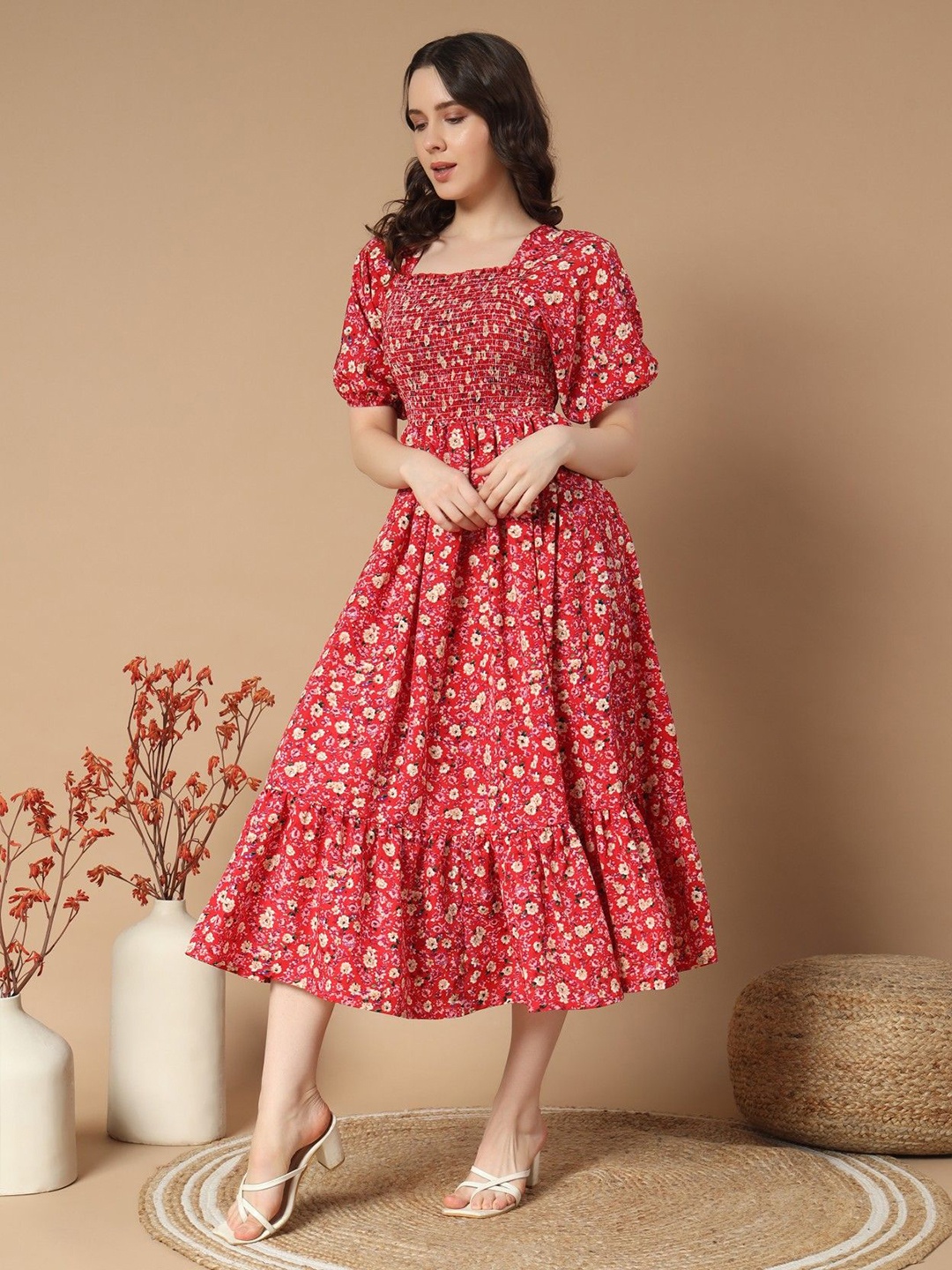 

Raiyani Enterprise Printed Puff Sleeves Smocked Tiered Fit and Flare Midi Dress, Red