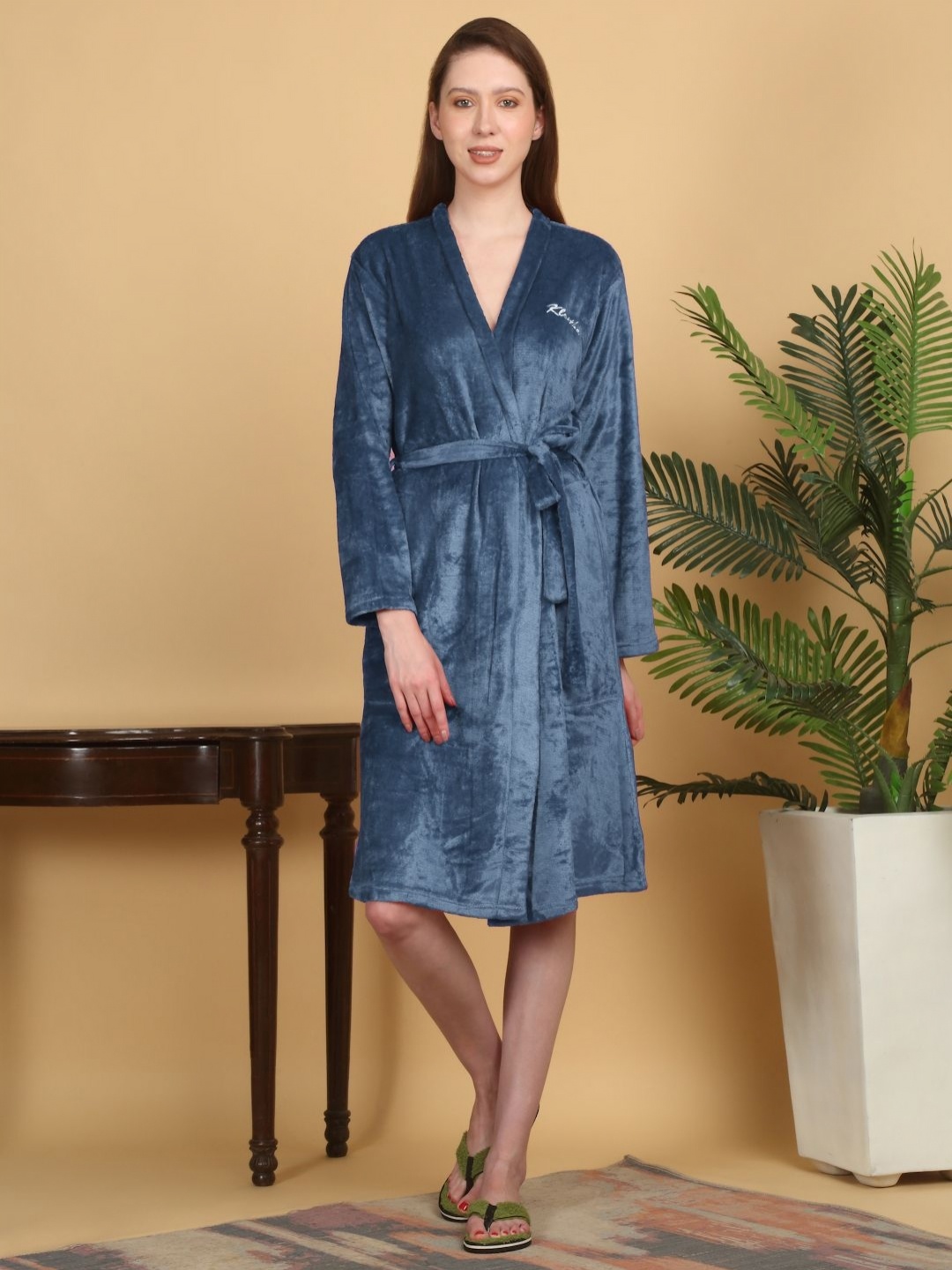 

KLOTTHE Turquoise Blue Woolen Bath Robe With Belt