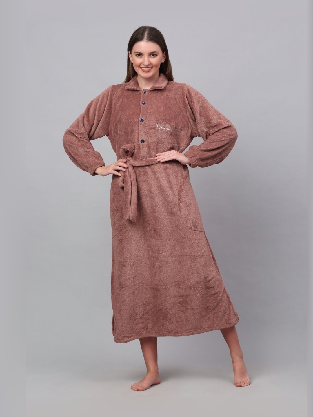 

KLOTTHE Woolen Shirt Collar Bath Robe With Belt, Rust