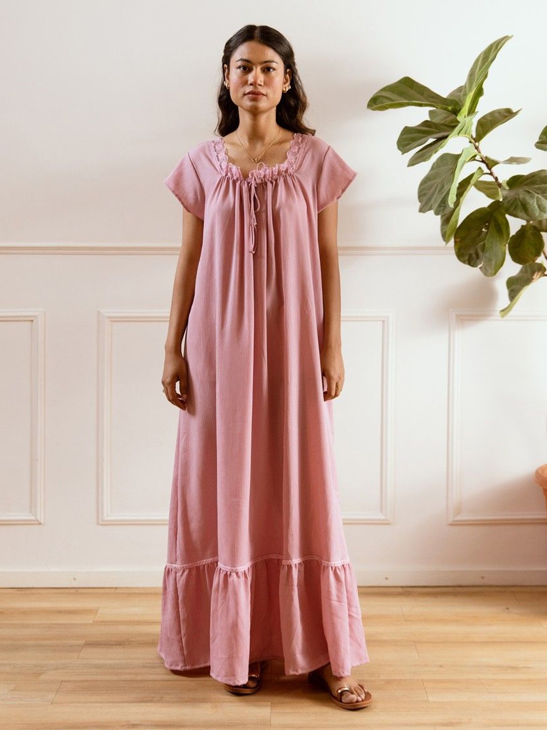 

FEATHERS CLOSET Women Square Neck Short Sleeves Everyday Maxi Nightdress, Pink