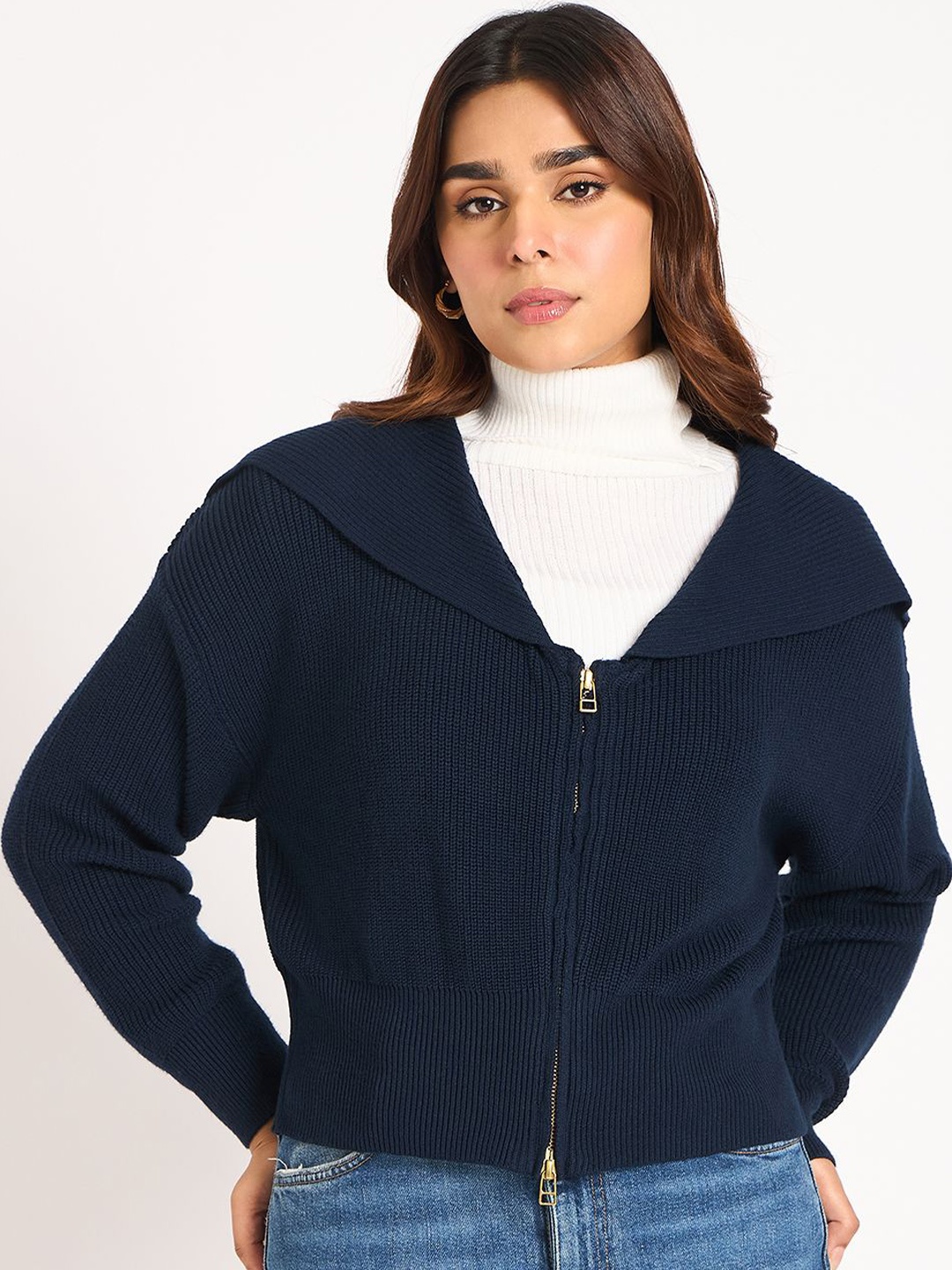 

FEMMELLA Women Lightweight Crop Tailored Jacket with Embroidered, Blue