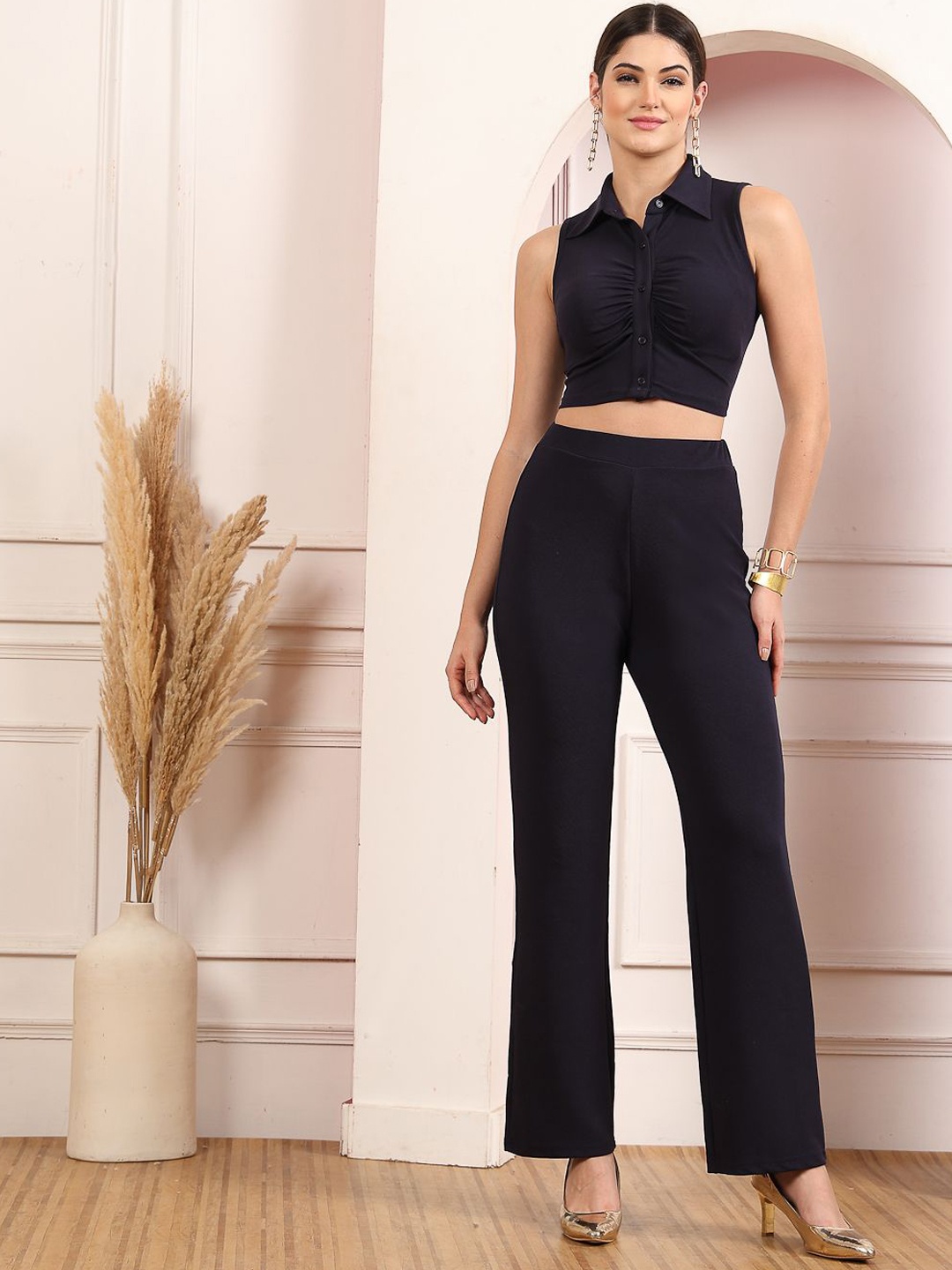 

aayu Shirt Collar Sleeveless Top With Trouser, Navy blue