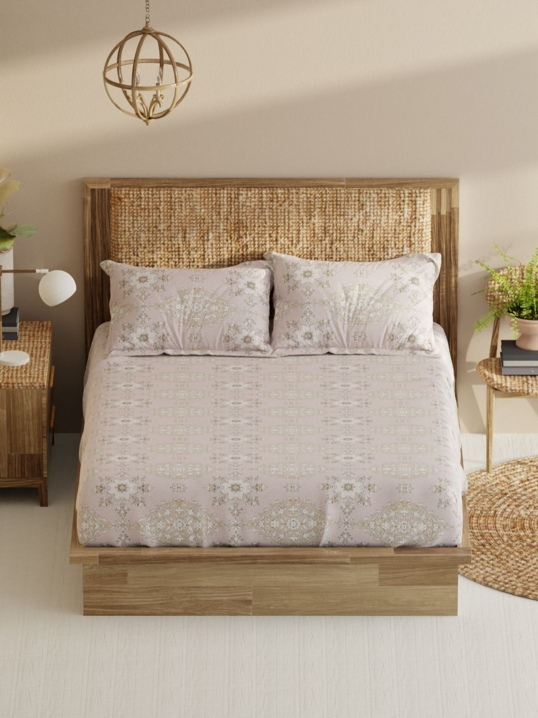 

BIANCA Monkler White Printed 210 TC Pure Cotton King Bedsheet Set 2.74 m X 2.29 m