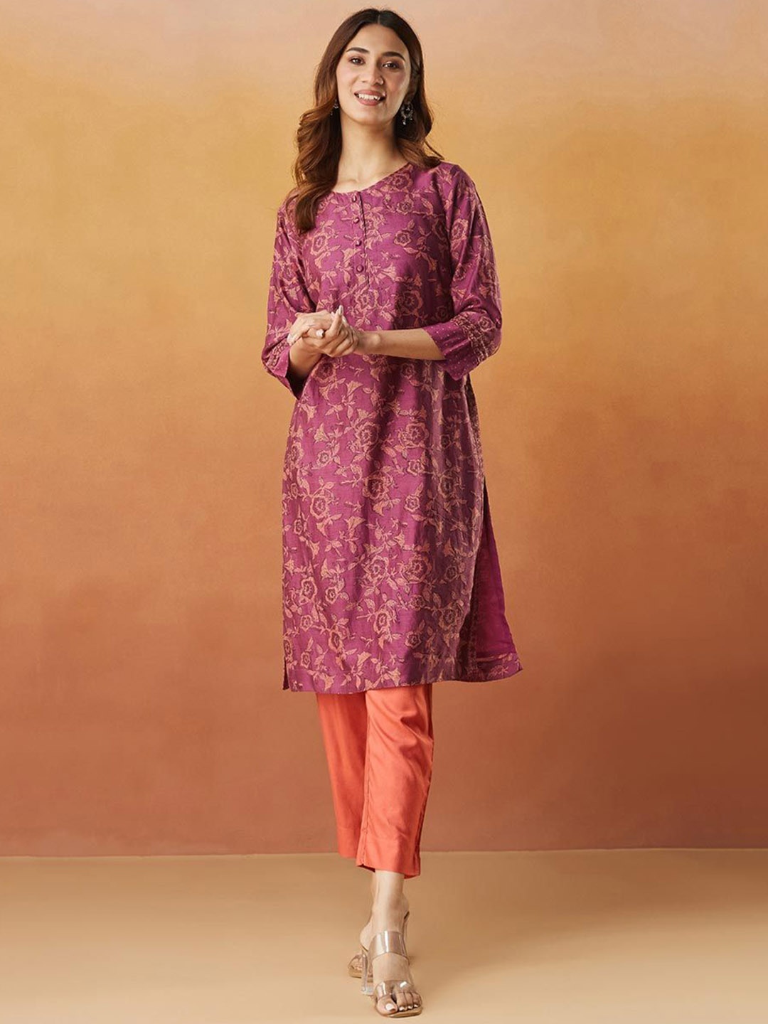 

Fabindia Women Ethnic Motifs Printed Thread Work Kurta, Purple