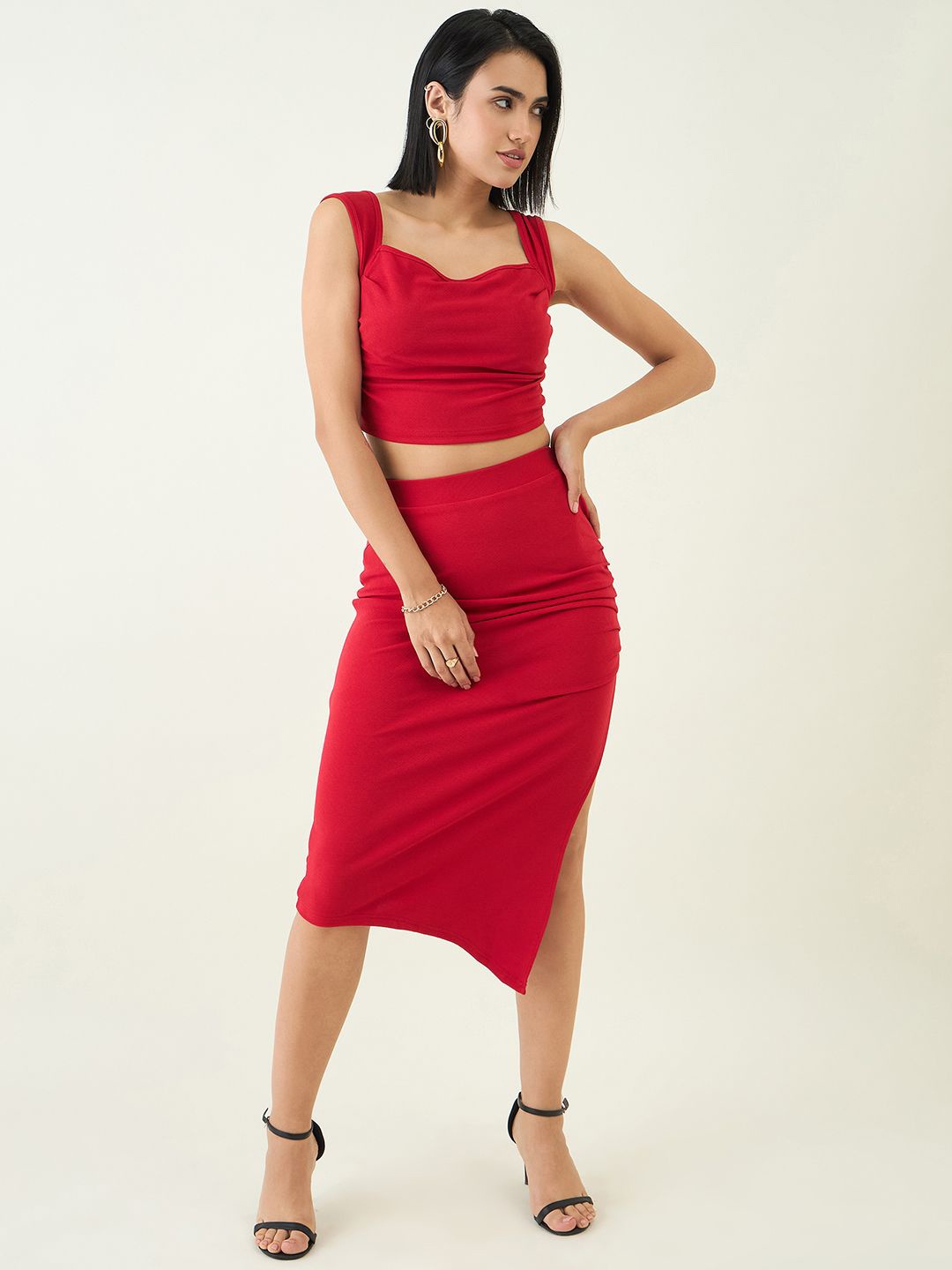 

aayu Square Neck Sleeveless Top With Skirt, Red