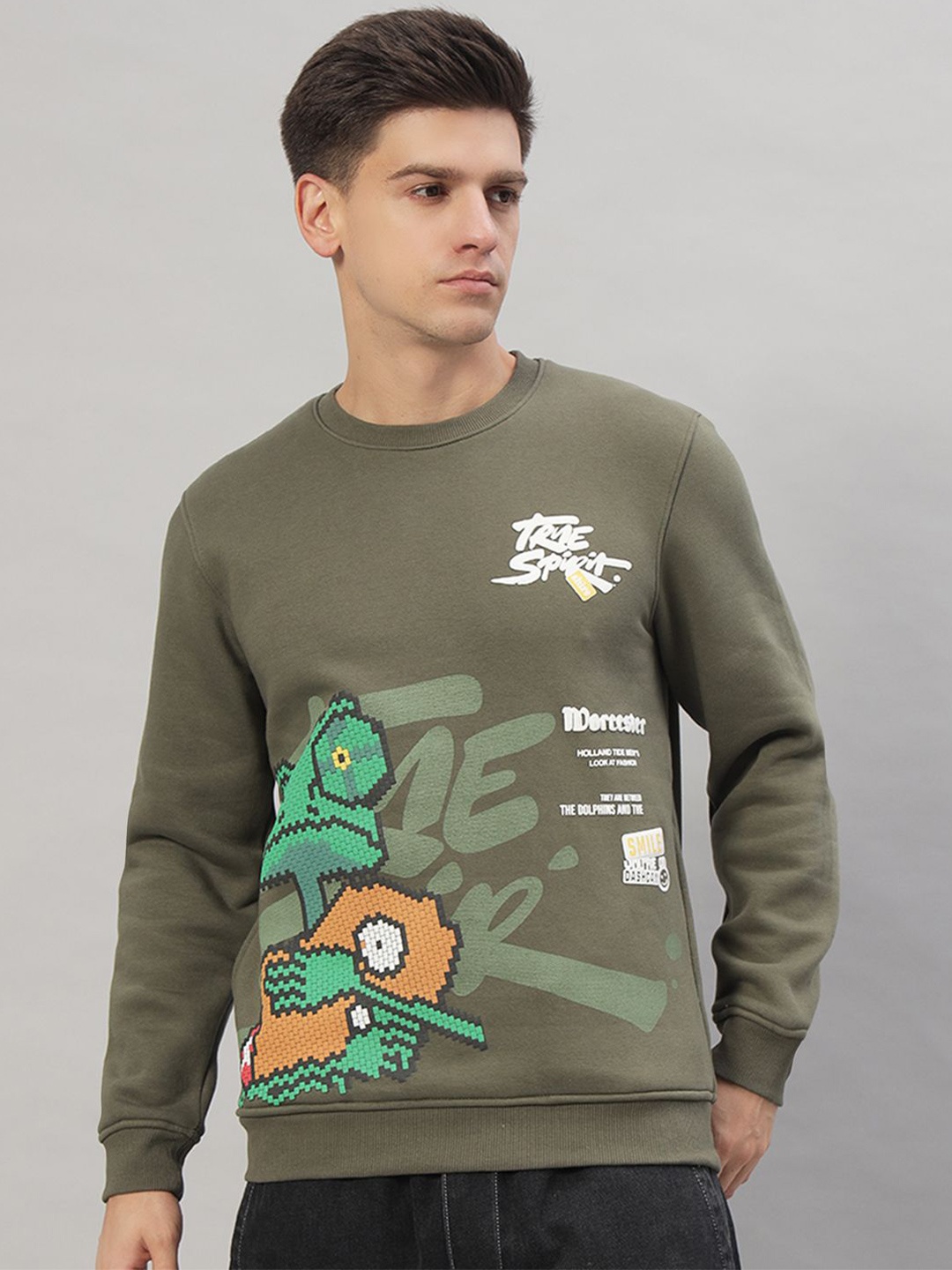 

PROFY Men Graphic Printed Round Neck Pullover Sweatshirt, Olive