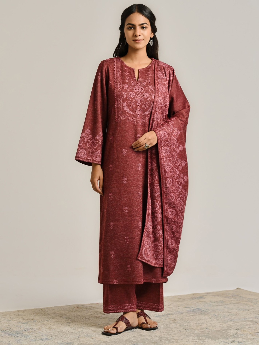 

Rustorange Floral Printed Pure Wool Straight Kurta with Salwar & With Dupatta, Maroon