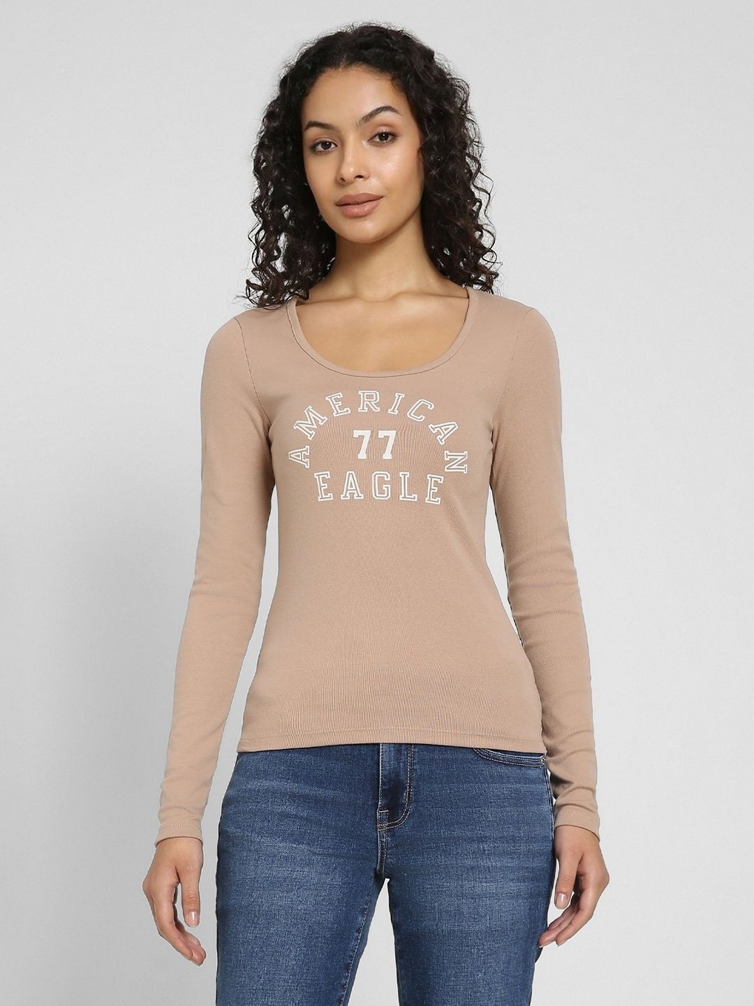 

AMERICAN EAGLE OUTFITTERS Women Typography Printed Slim Fit T-shirt, Brown