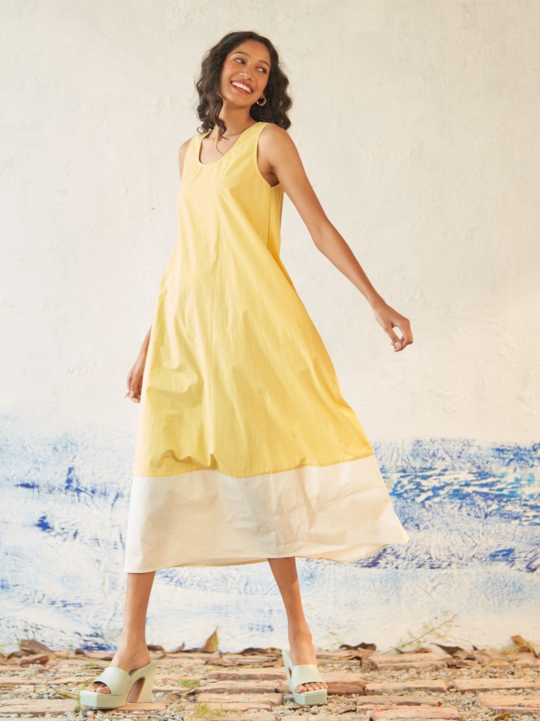 

Canoopi Colourblocked Cotton A-Line Midi Dress, Yellow