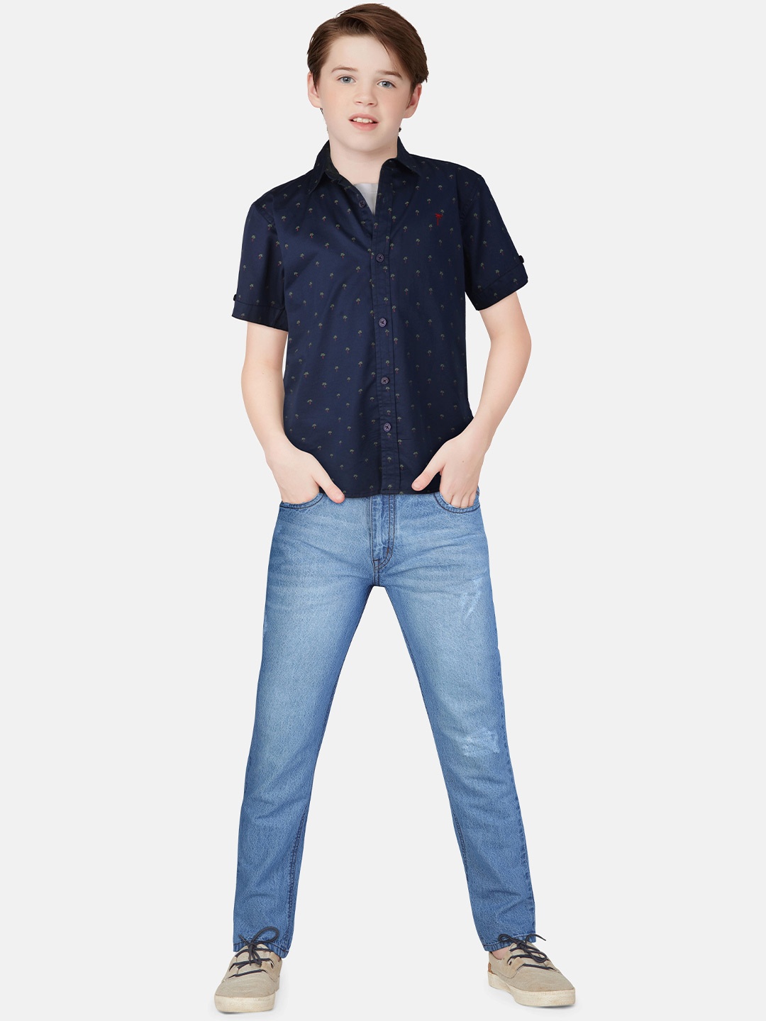 

Palm Tree Boys Standard Opaque Printed Casual Shirt, Navy blue