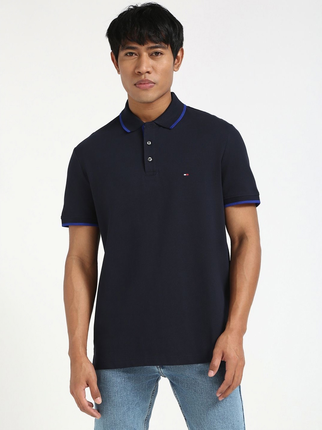 

Tommy Hilfiger Men Solid Polo Collar Cotton T-shirt, Navy blue