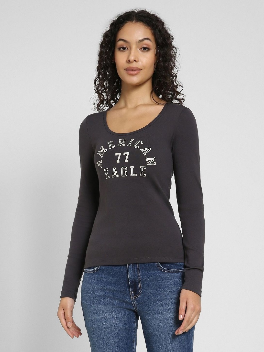 

AMERICAN EAGLE OUTFITTERS Women Typography Printed Slim Fit T-shirt, Black