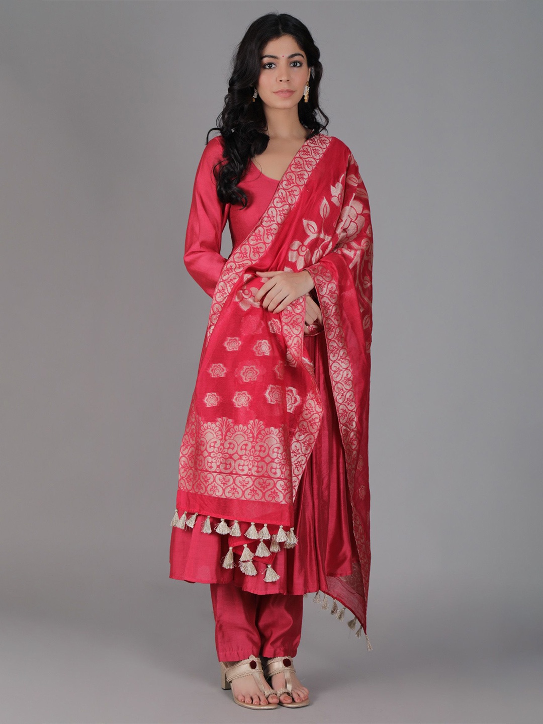 

TJORI Ethnic Motifs Woven Design Dupatta, Red