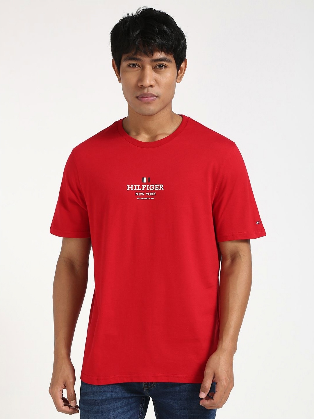 

Tommy Hilfiger Men Typography Printed Round Neck Cotton T-shirt, Red