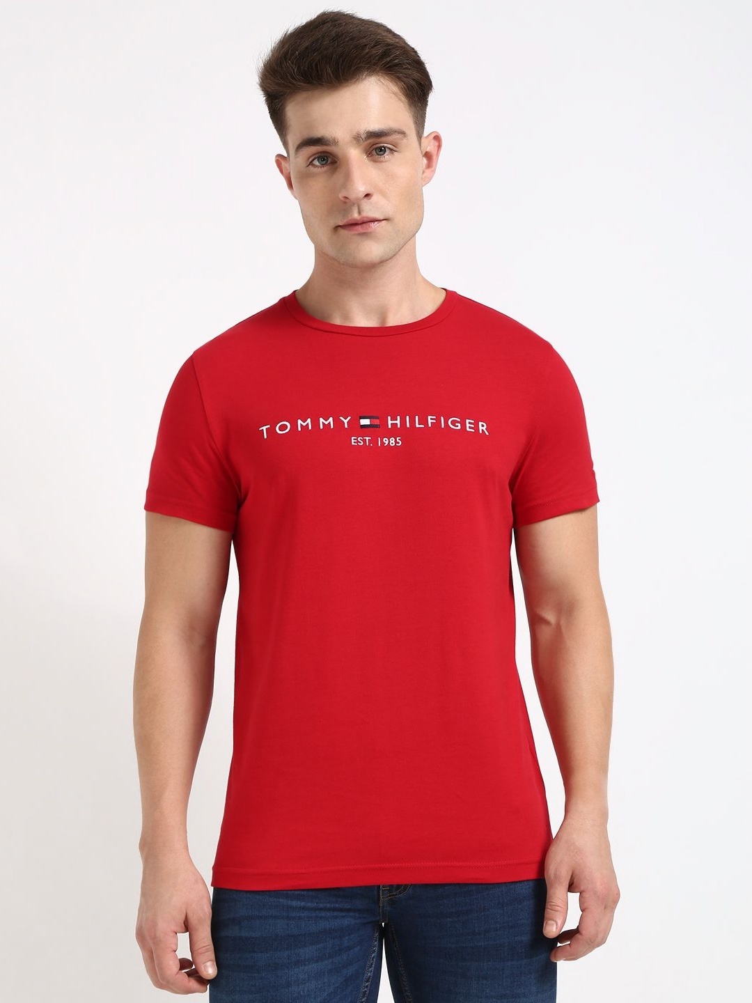 

Tommy Hilfiger Men Typography Printed Round Neck Cotton Slim Fit T-shirt, Red