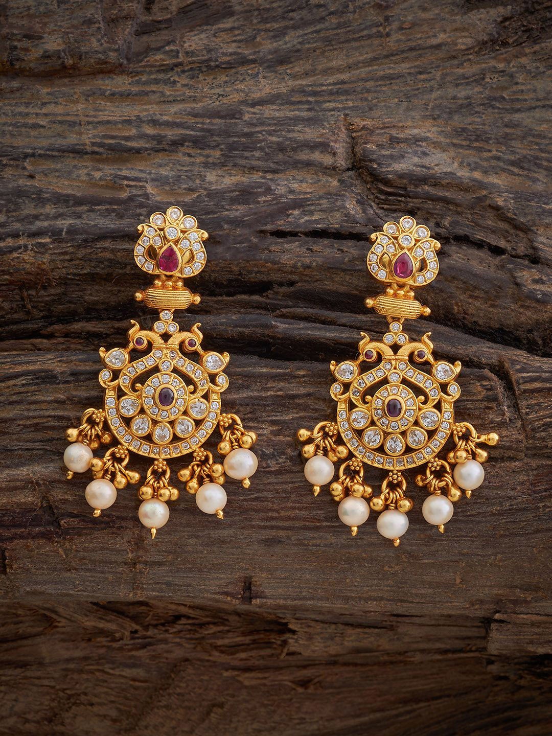 

Kushal's Fashion Jewellery Gold-Plated Stone Studded & Beaded Temple Drop Earrings