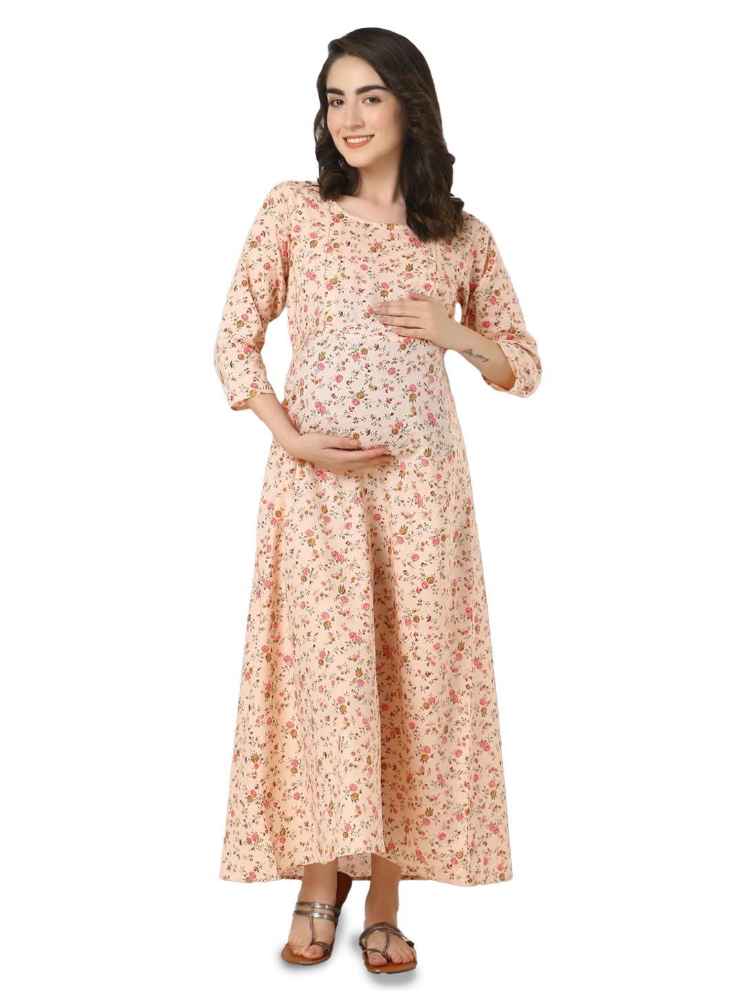 

Zuvino Women Floral Printed Maternity A-Line Maxi Dress, Peach