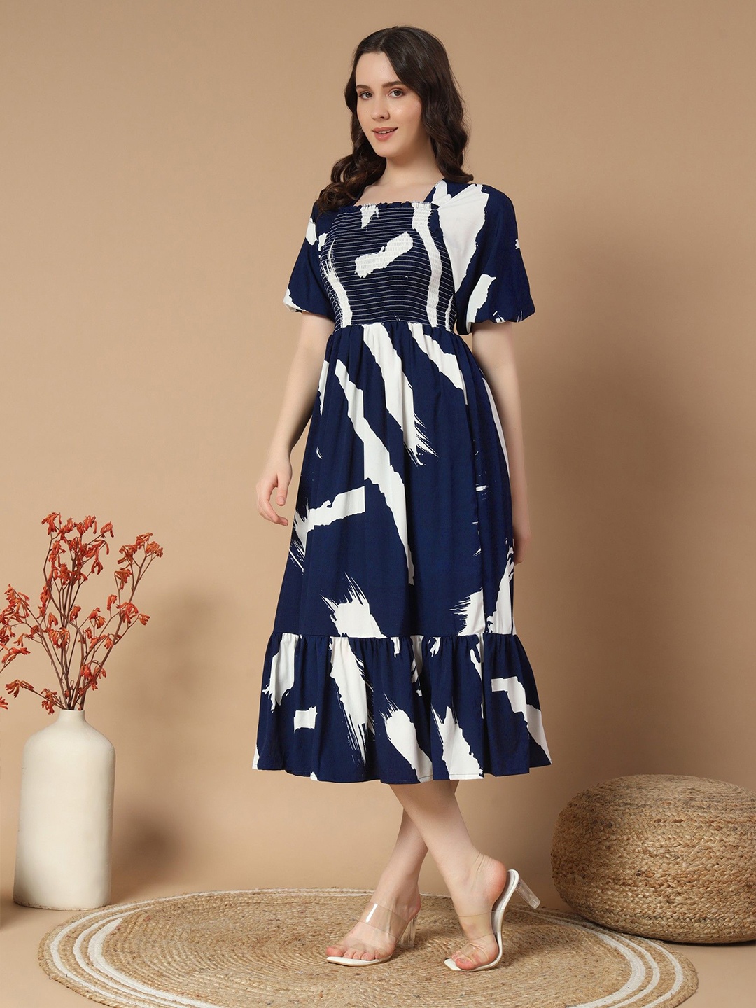 

Femvy Women Abstract Printed Fit & Flare Midi Dress, Navy blue