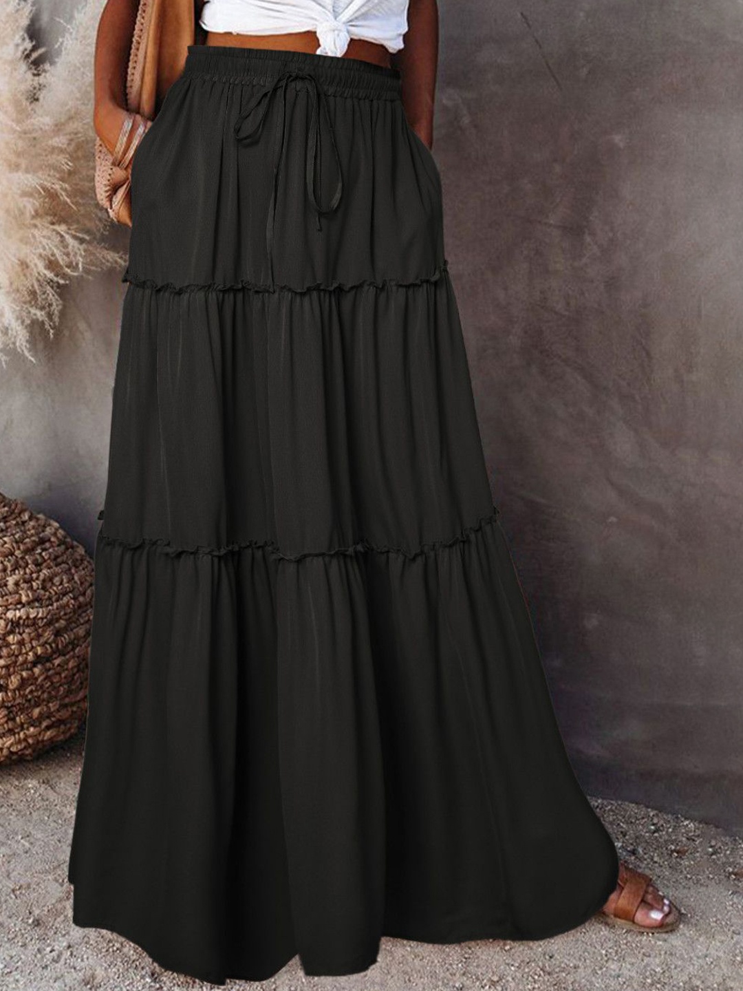 

StyleCast Women Solid Tiered Maxi Skirt, Black