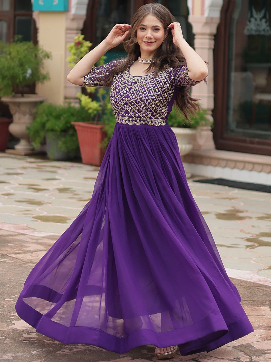 

Ethnic Yard Women Embroidered Georgette Ethnic Maxi Dress, Purple
