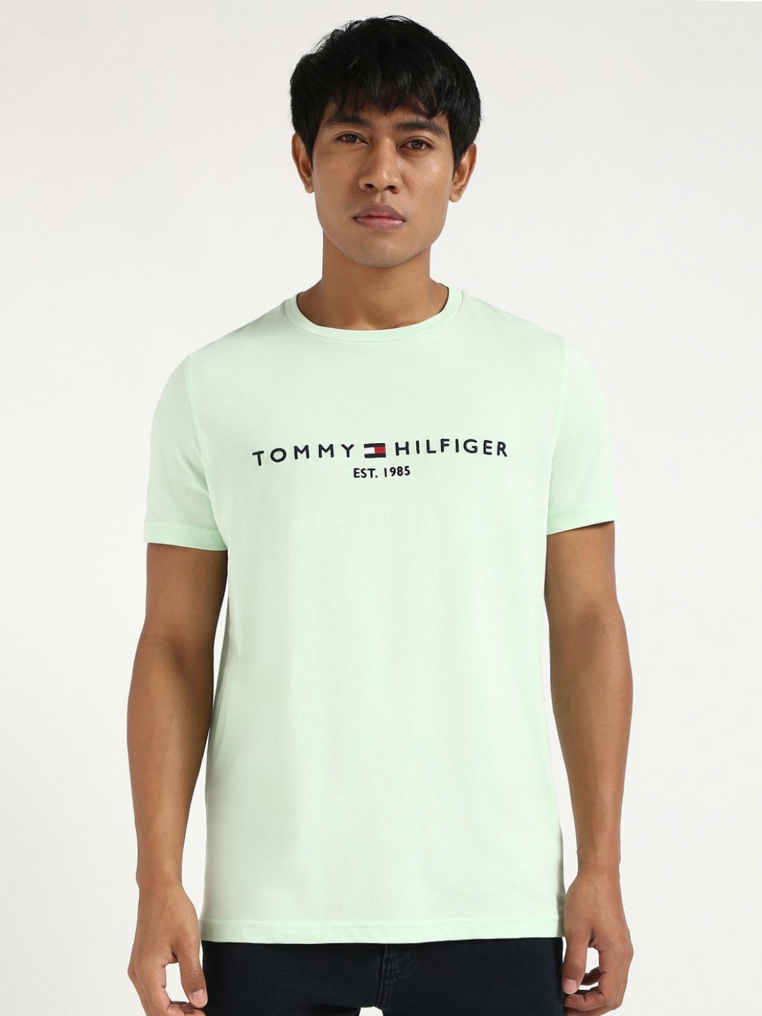 

Tommy Hilfiger Men Typography Printed Round Neck Cotton Slim Fit T-shirt, Green