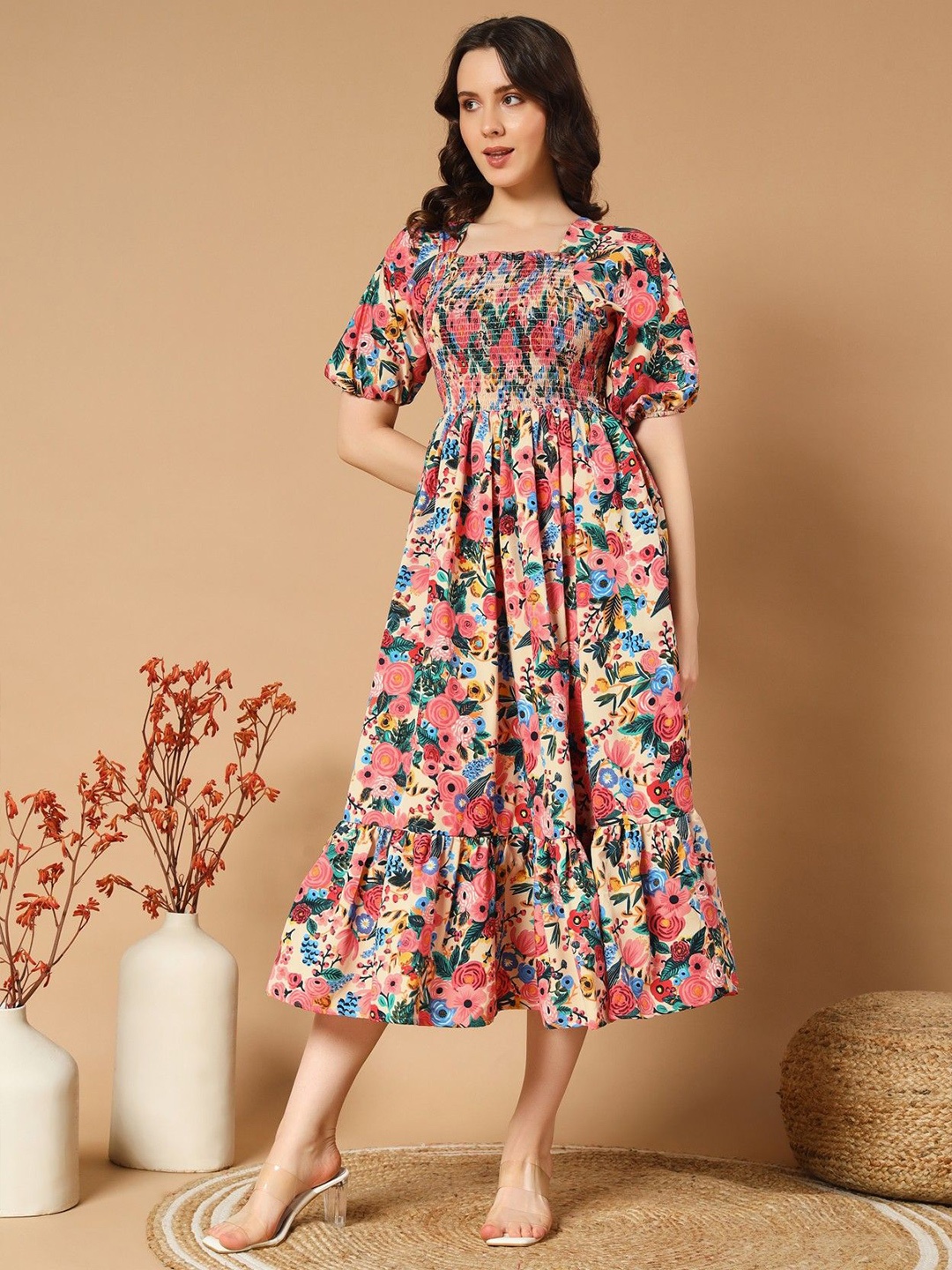 

Raiyani Enterprise Women Floral Printed Puff Sleeve Fit & Flare Dress, Blue