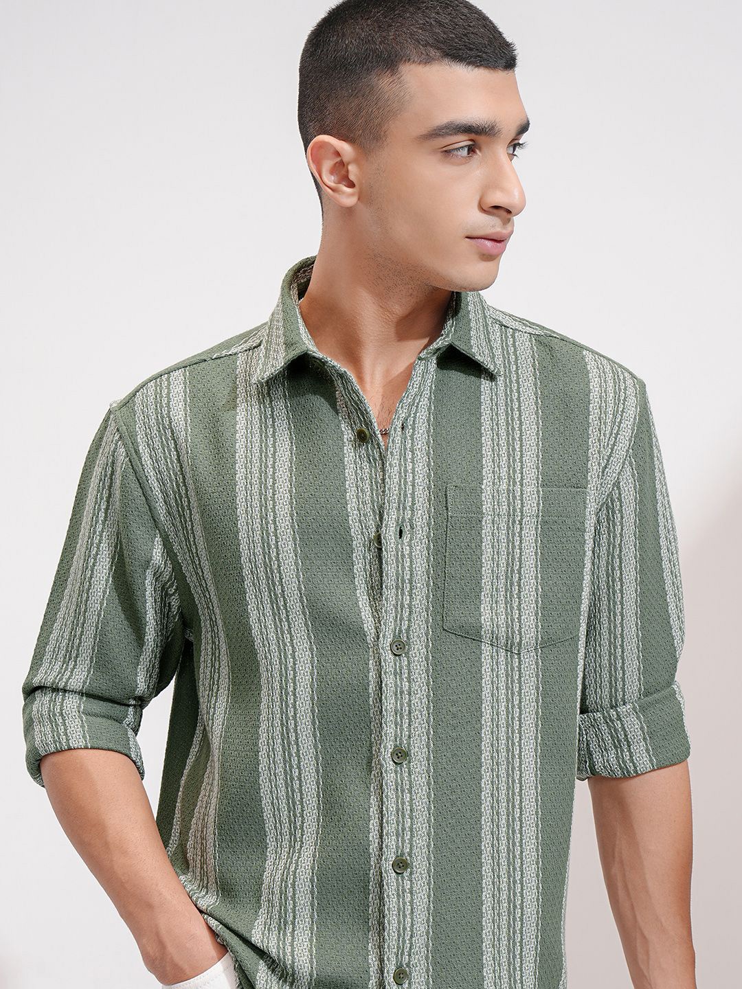 

HIGHLANDER Men Opaque Striped Casual Shirt, Olive