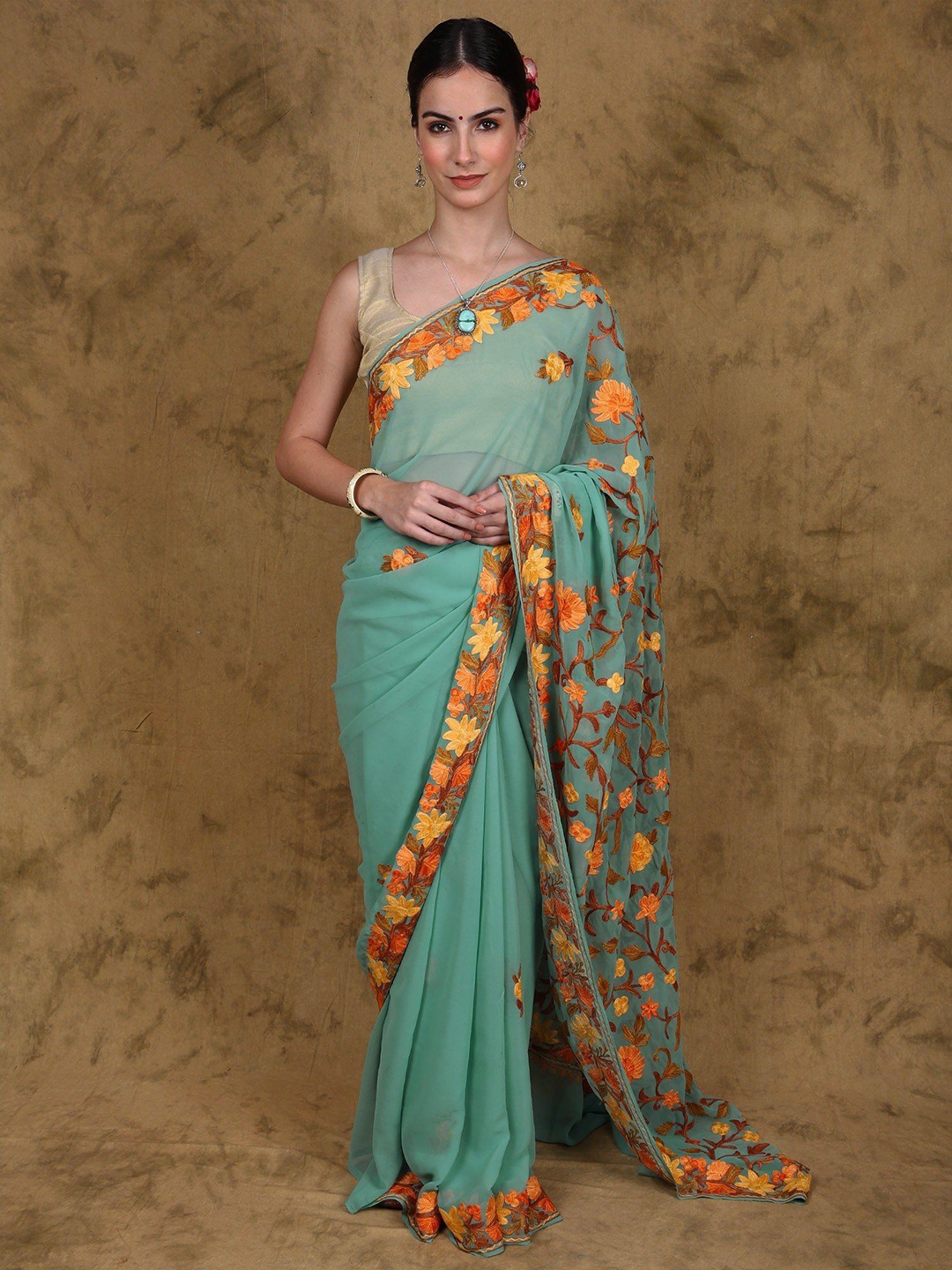 

Exotic India Grayed-Jade Georgette Saree with Aari-Embroidered Floral Motifs from Kashmir, Green