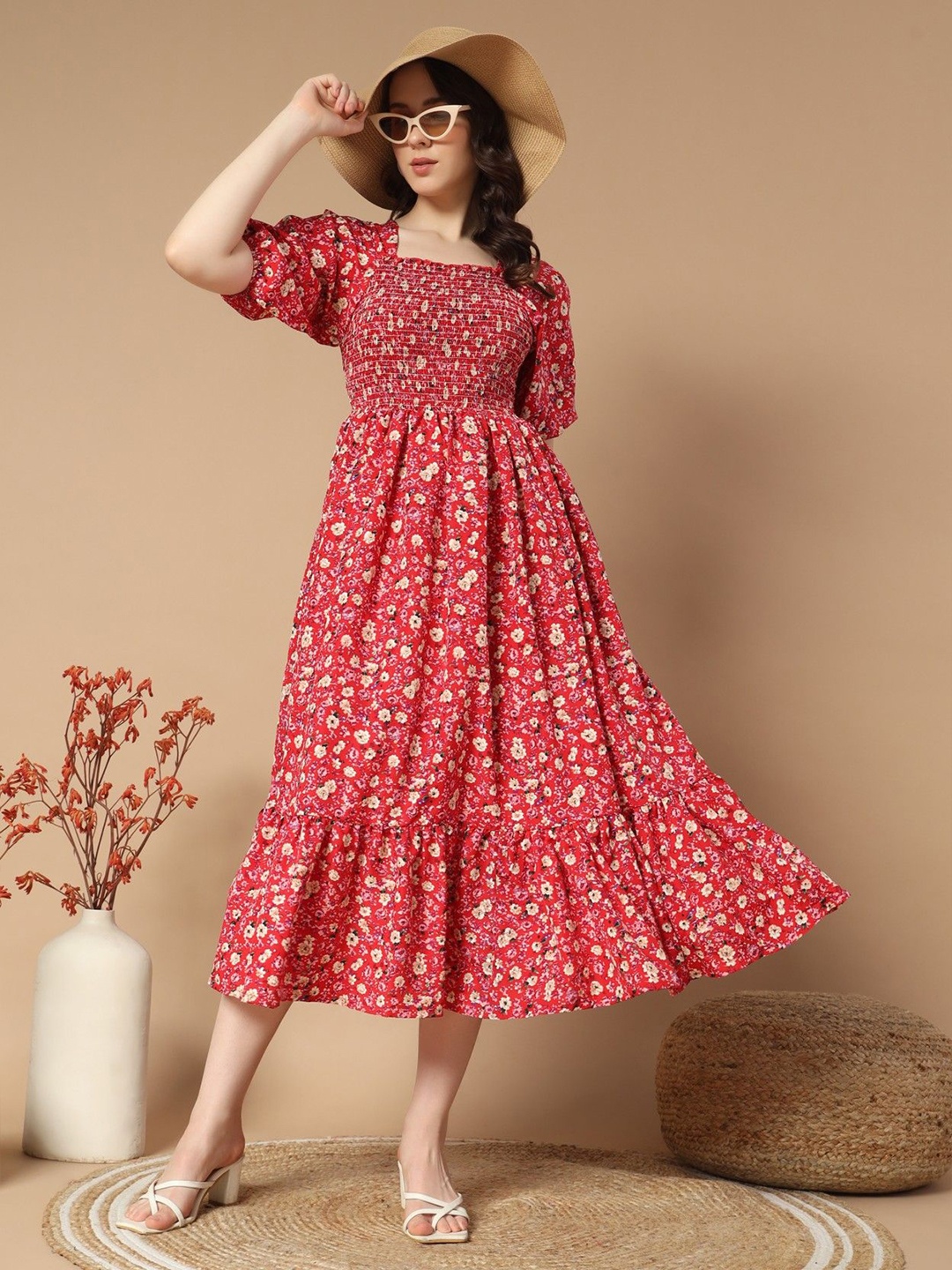 

Femvy Women Floral Printed Fit & Flare Midi Dress, Peach