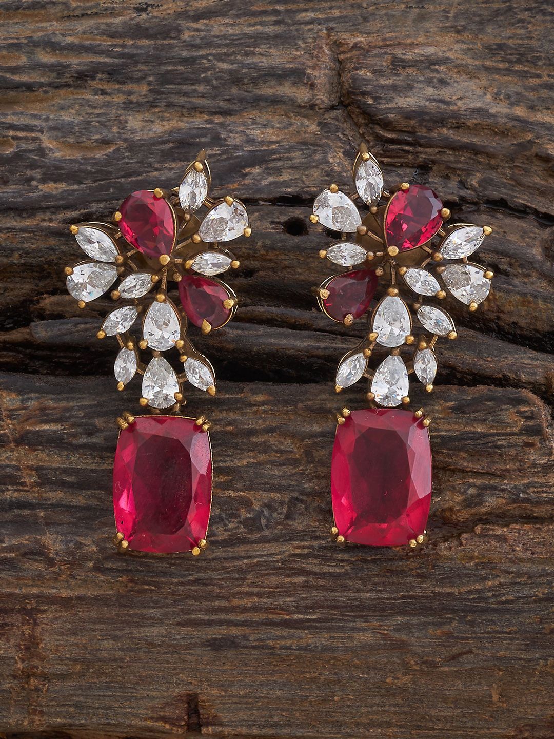 

Kushal's Fashion Jewellery Zircon Studded Floral Drop Earrings, Red