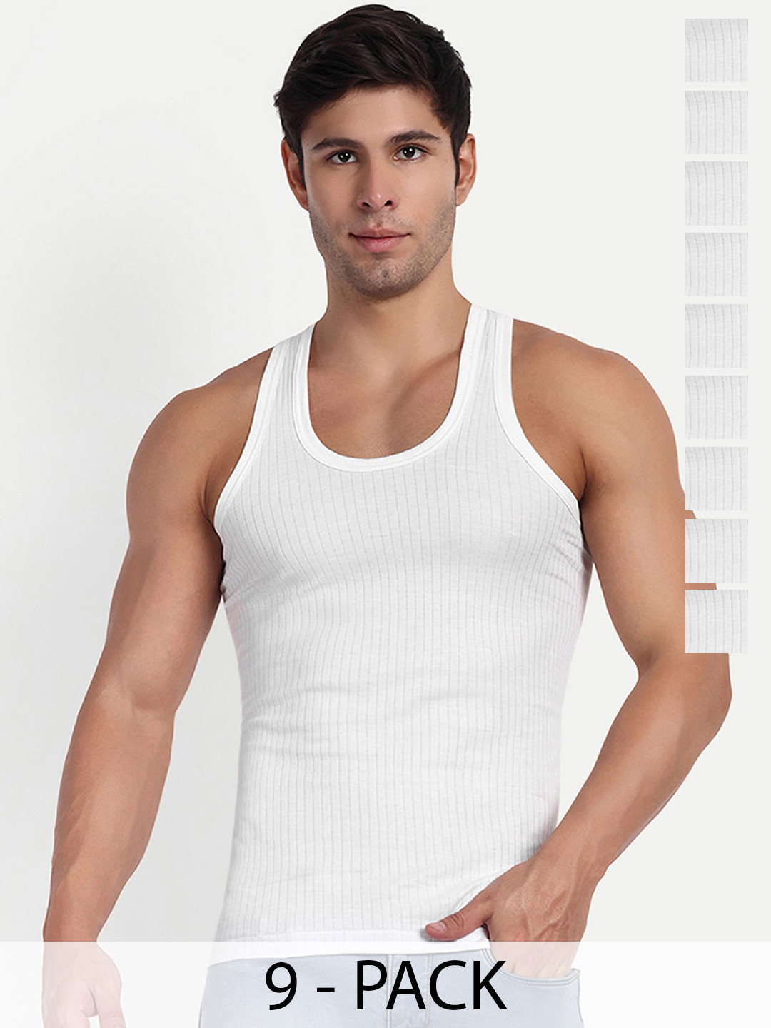 

KANSAL Men Pack Of 9 Cotton Basic Vests VAN: 21-PARKER_P9, White
