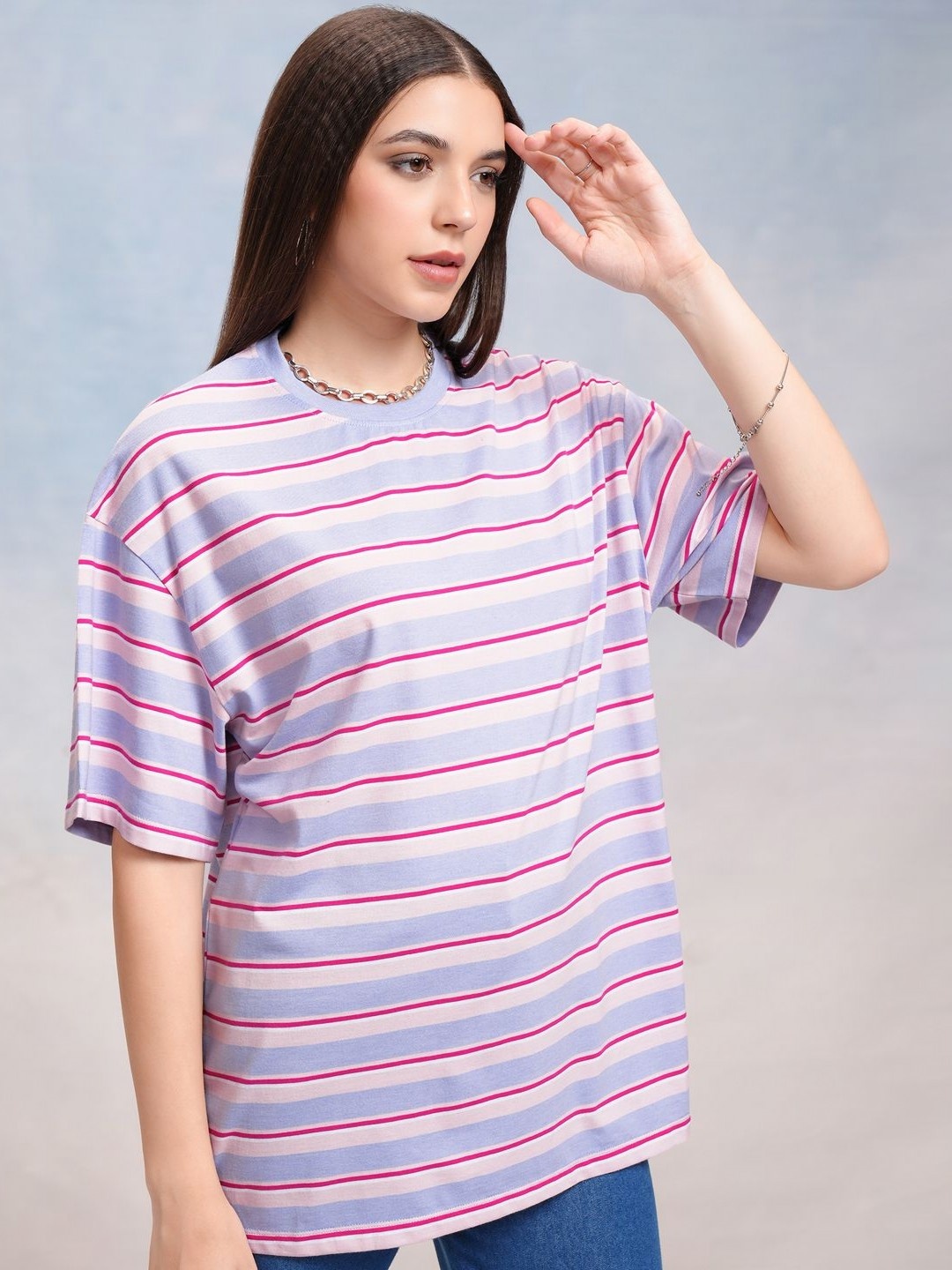 

Tokyo Talkies Women Striped Drop-Shoulder Sleeves T-shirt, Blue