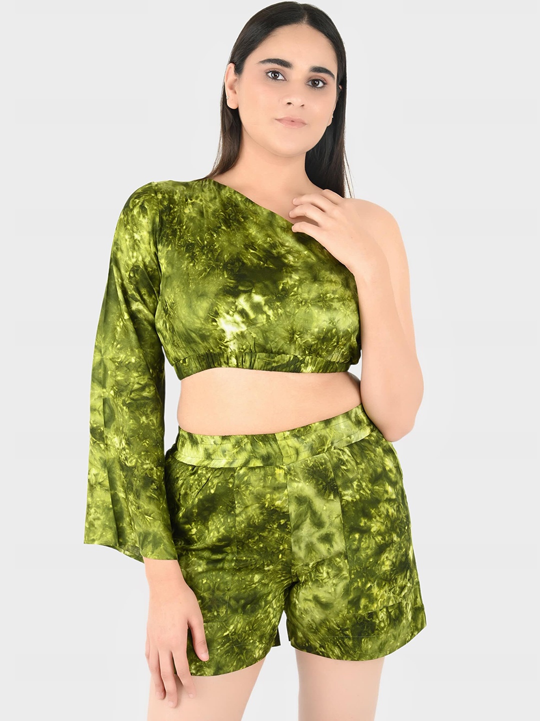 

Blissence Abstract Printed One Shoulder Neck Long Sleeves Swimwear cover up Set, Green