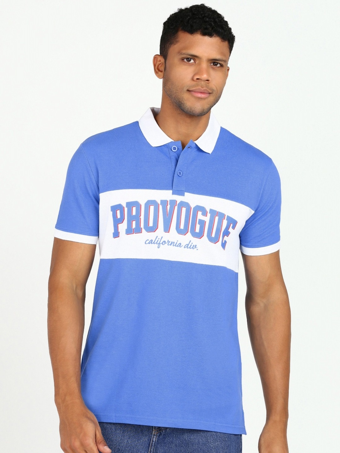 

Provogue Men Typography Colourblocked Polo Collar Slim Fit T-shirt, Blue