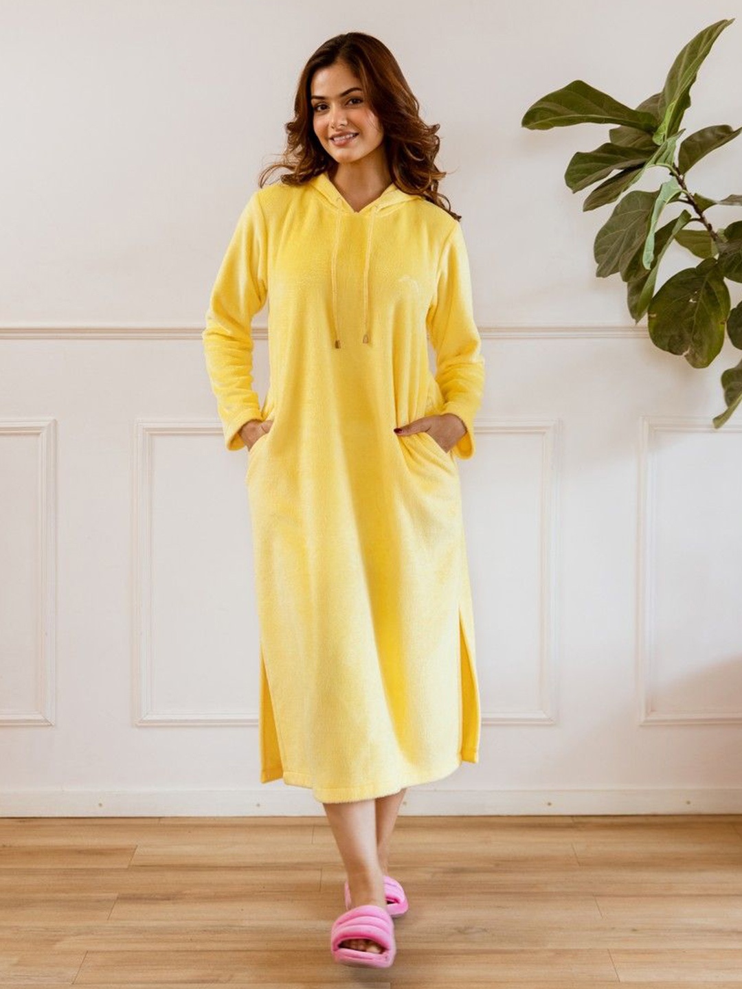 

FEATHERS CLOSET Velvet Super Soft Hoodie Midi Jumper Dress, Yellow