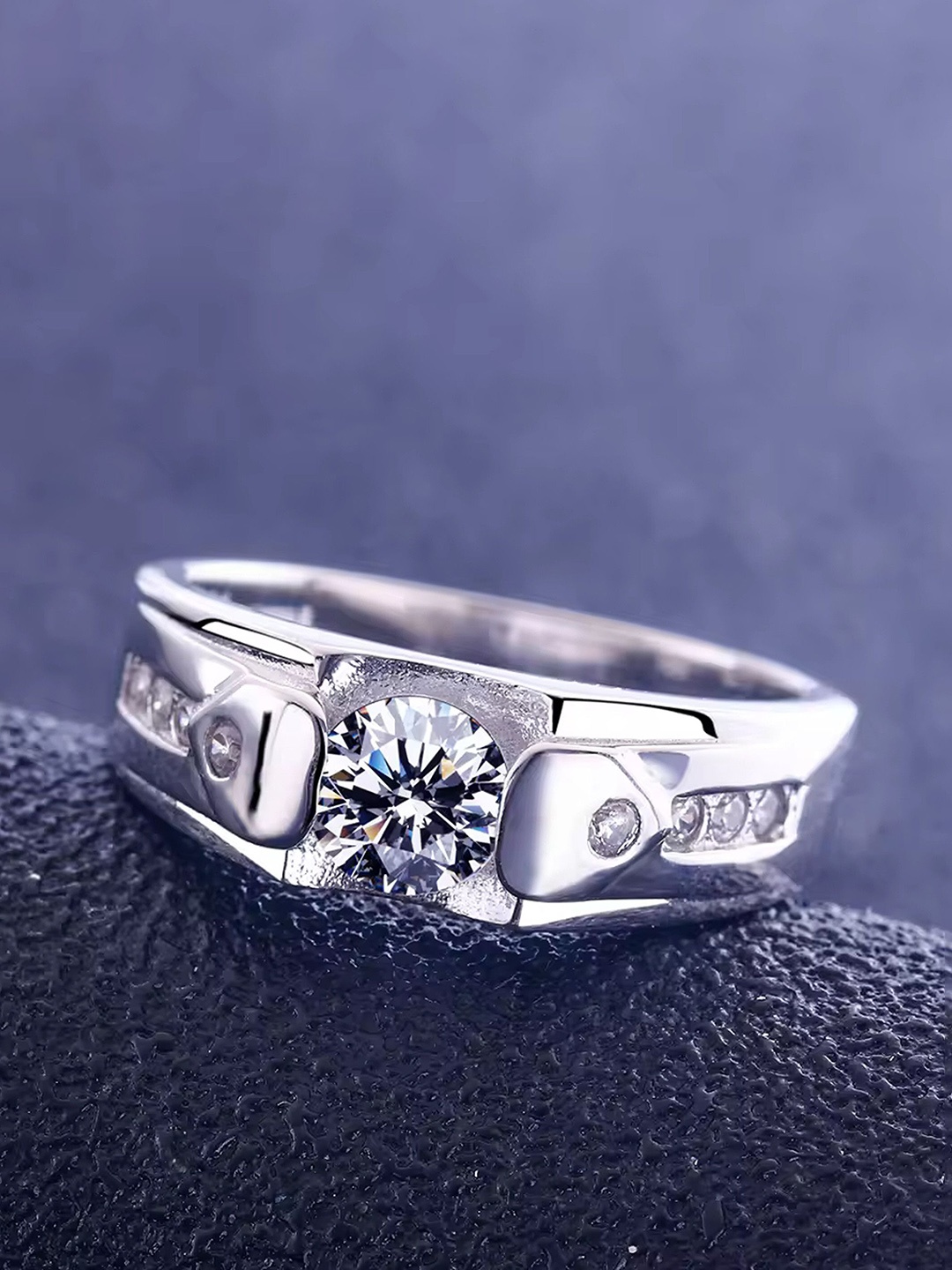 

Lila Men Sterling Silver American Diamond Stone Studded Adjustable Finger Ring