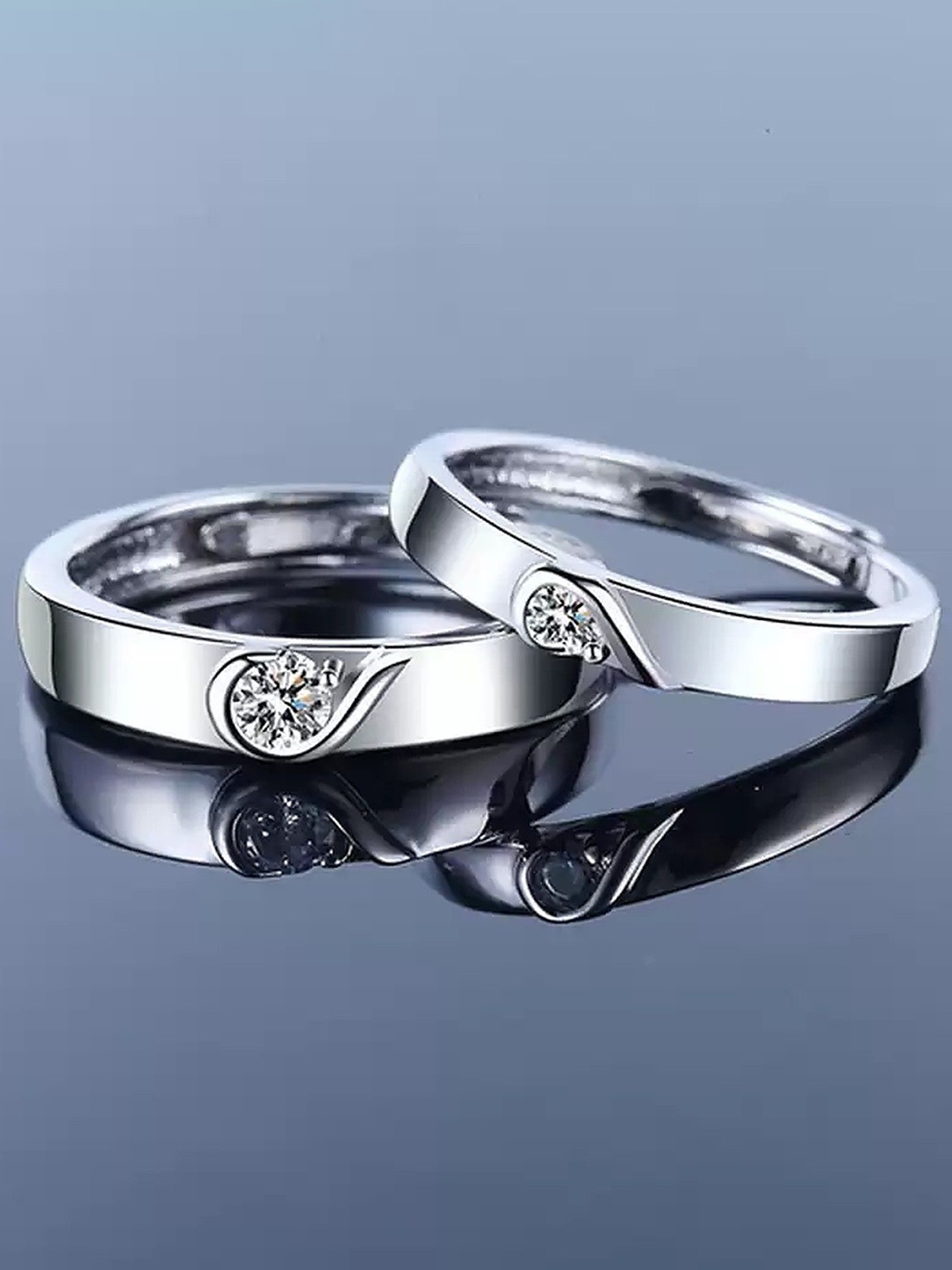 

Lila Set Of 2 Stainless Steel Crystal-Studded Heart Couple Adjustable Finger Rings, Silver