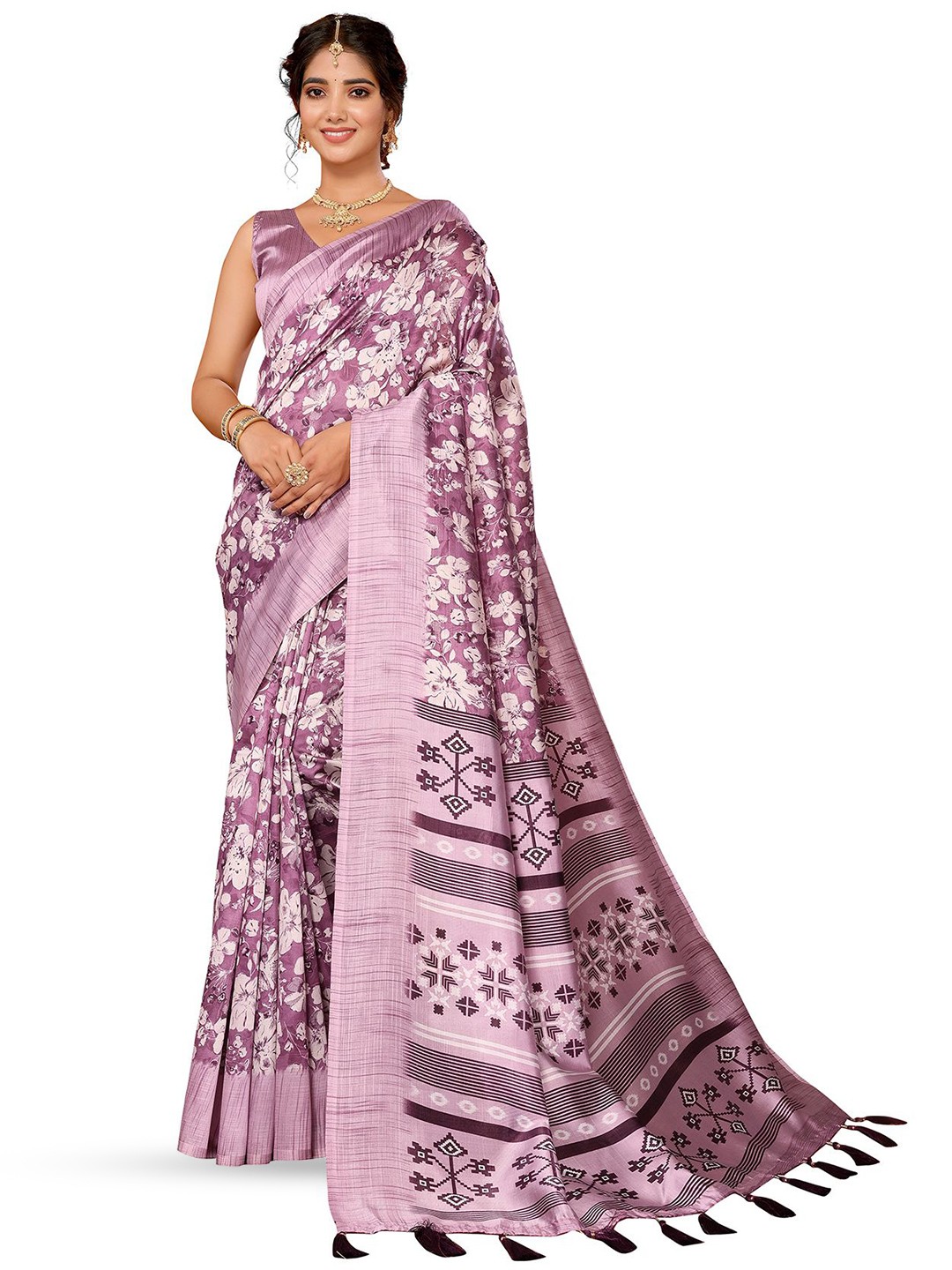 

KALINI Floral Printed Saree With Unstitched Blouse Piece, Purple