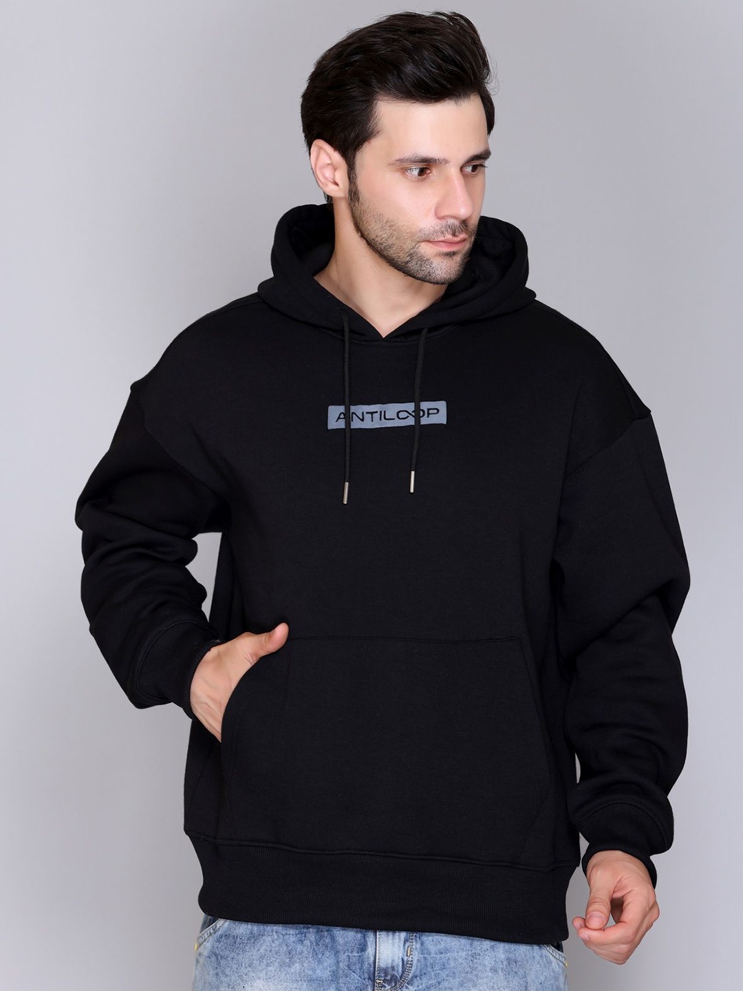 

Antiloop Men Typography Printed Hooded Sweatshirt, Black