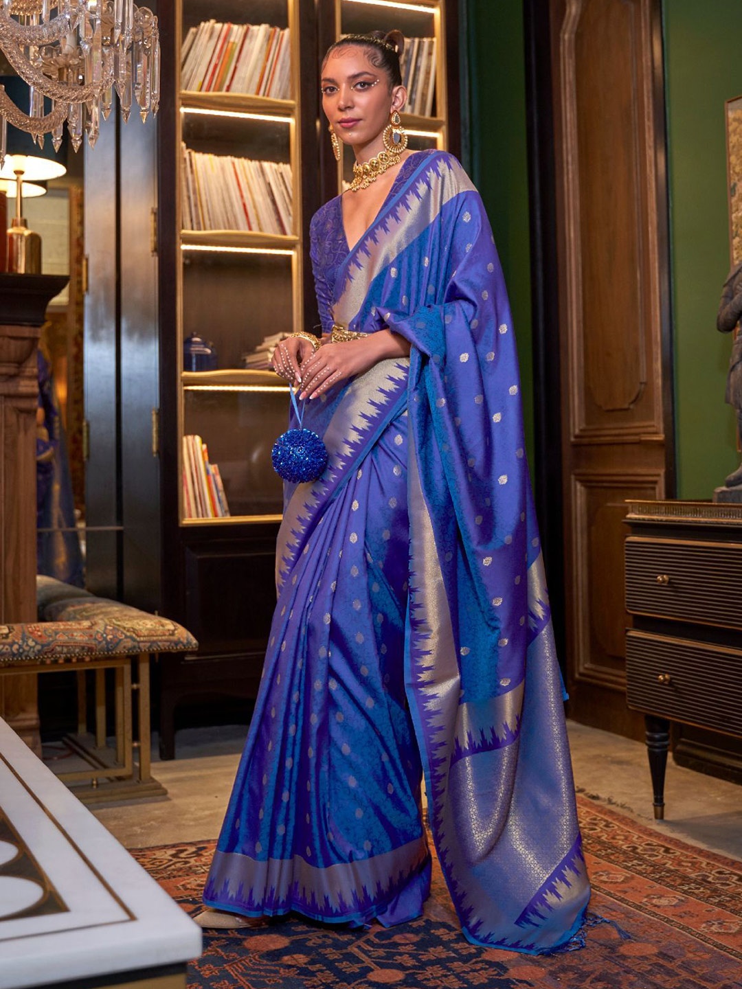 

ODETTE Woven Design Zari Saree With Unstitched Blouse, Blue