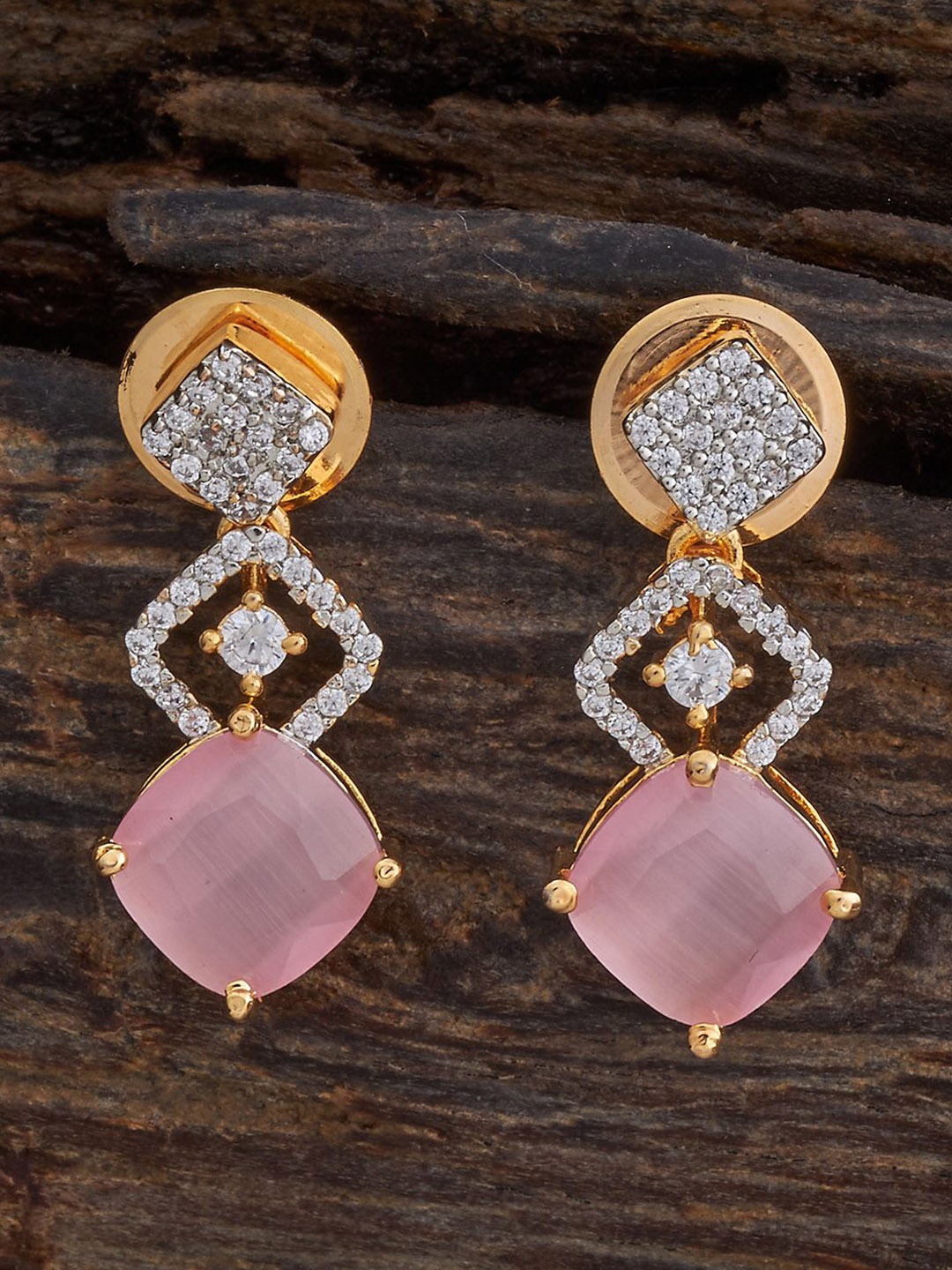 

Kushal's Fashion Jewellery Rhodium-Plated Zircon Studded Square Drop Earrings, Pink