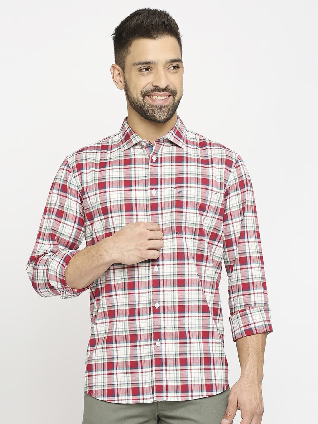 

Basics Men Slim Fit Tartan Checks Opaque Checked Casual Shirt, Red