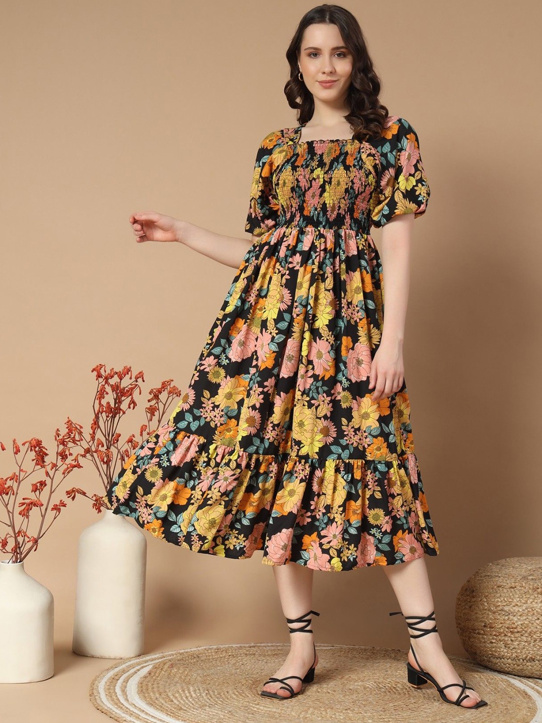 

Femvy Women Floral Print Puff Sleeve Fit & Flare Dress, Black