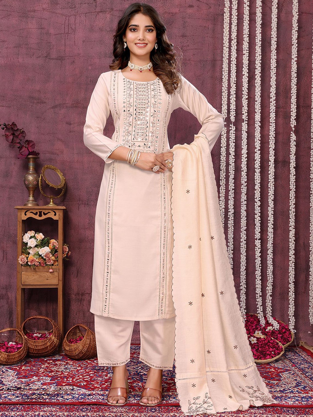 

Rangita Women Ethnic Motifs Embroidered Regular Mirror Work Kurta with Trousers & With Dupatta, Cream