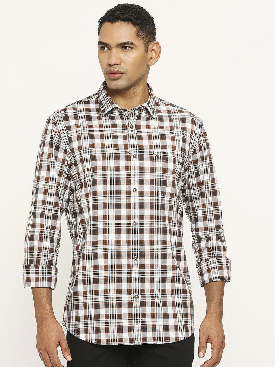 

Basics Men Slim Fit Tartan Checks Opaque Checked Casual Shirt, Brown