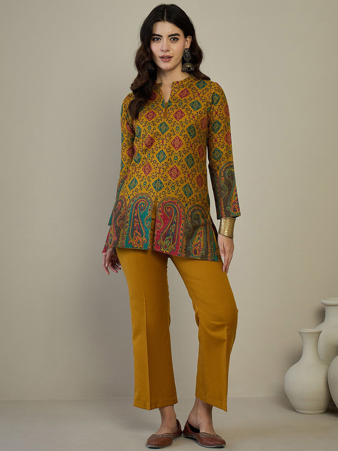 

all about you Women Woolen Jacquard Self Design Top With Trousers, Mustard