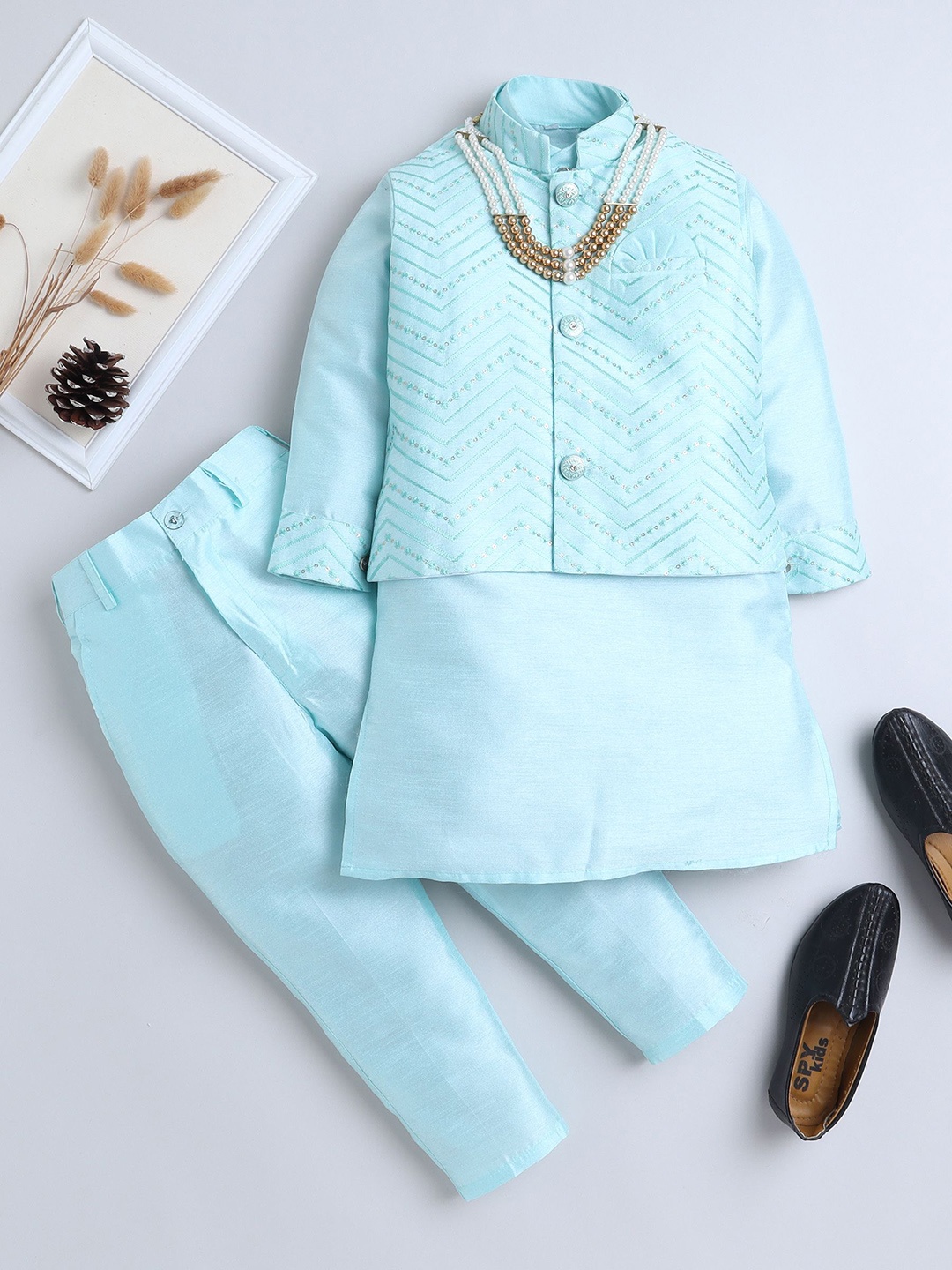 

BAESD Boys Regular Dupion Silk Kurta with Pyjamas, Turquoise blue