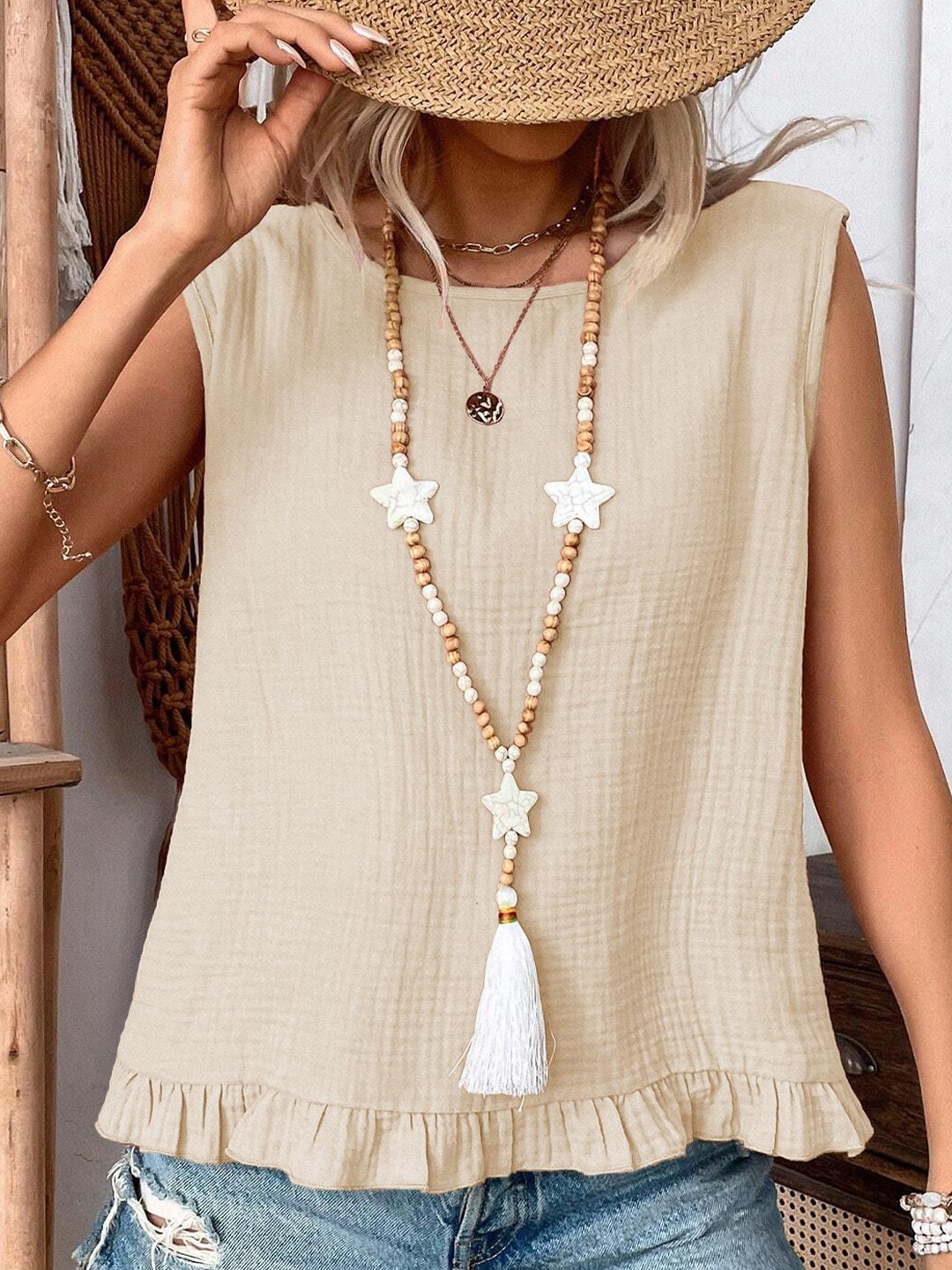 

StyleCast Women Striped Boat Neck Sleeveless Top, Beige