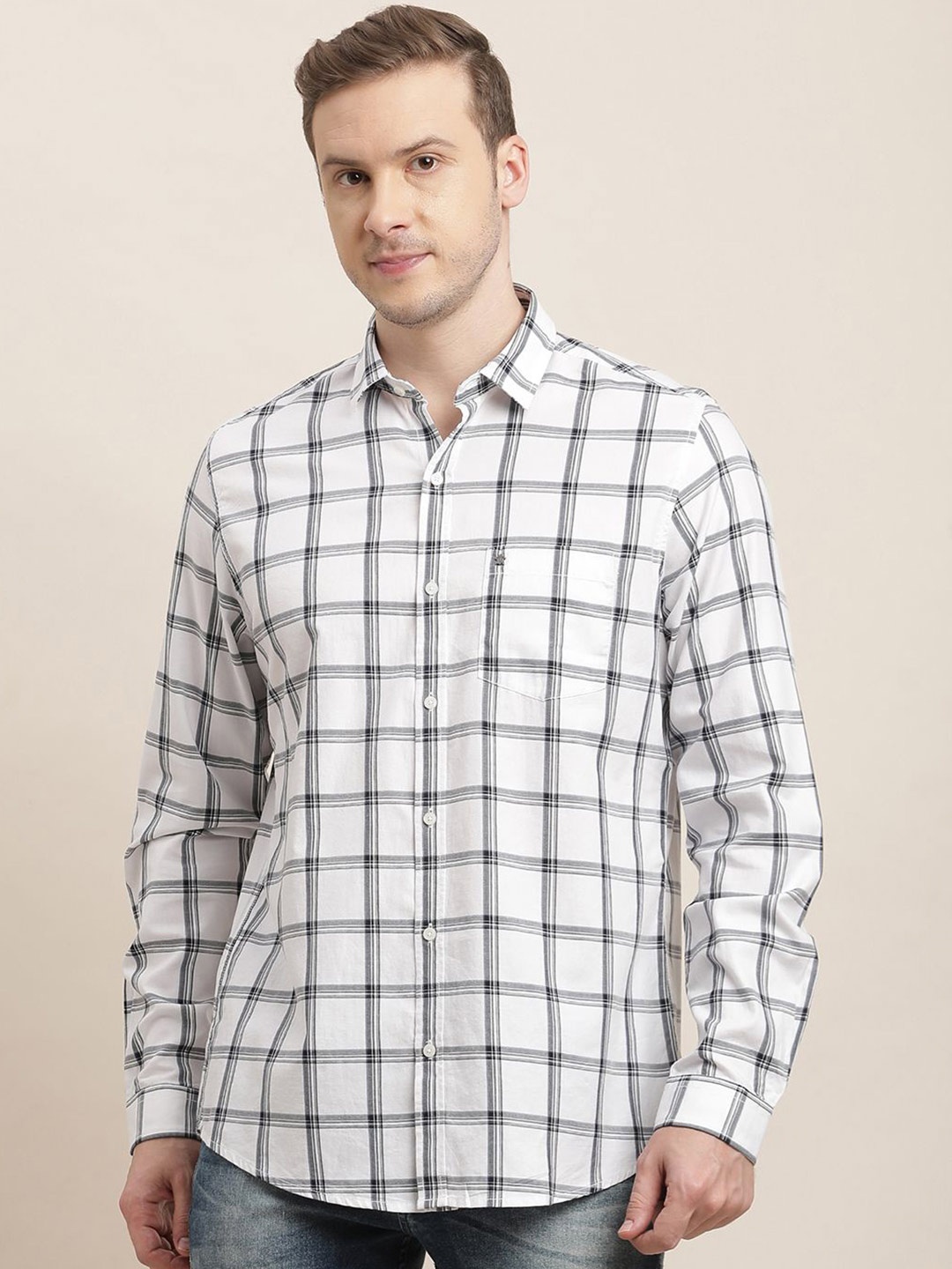 

Turtle Men Relaxed Slim Fit Windowpane Checks Opaque Checked Casual Shirt, White