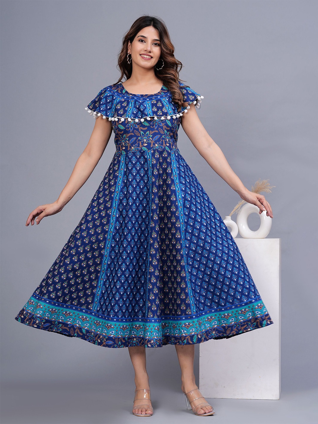 

ROOPWATI FASHION Women Floral Printed Dress with Pom-Pom, Navy blue